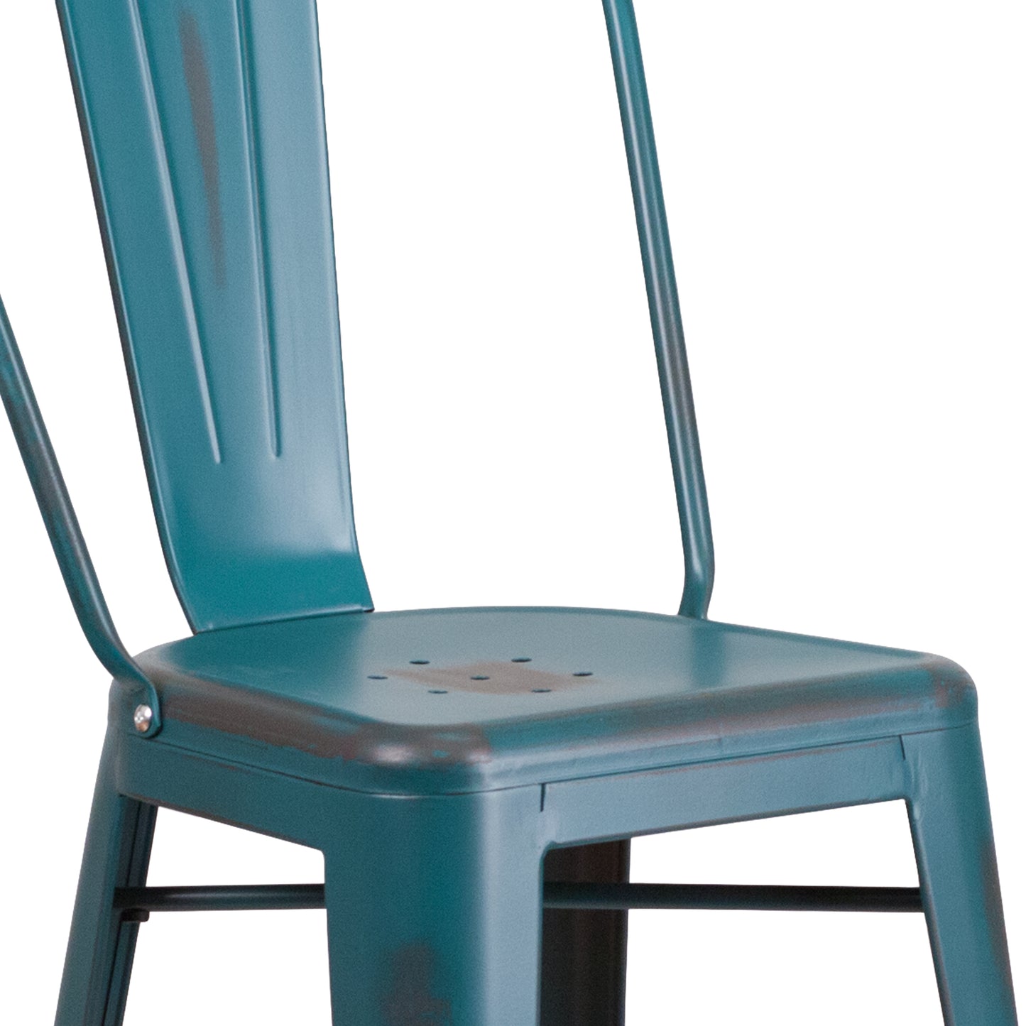 Cindy Commercial Grade 30" High Distressed Kelly Blue-Teal Metal Indoor-Outdoor Barstool with Back Kelly Blue-Teal