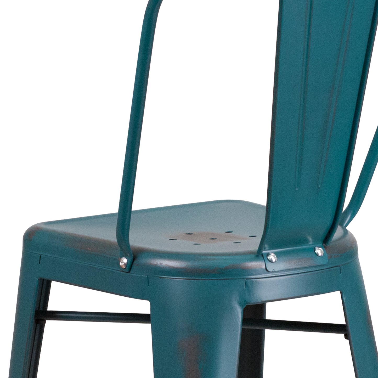 Cindy Commercial Grade 30" High Distressed Kelly Blue-Teal Metal Indoor-Outdoor Barstool with Back Kelly Blue-Teal
