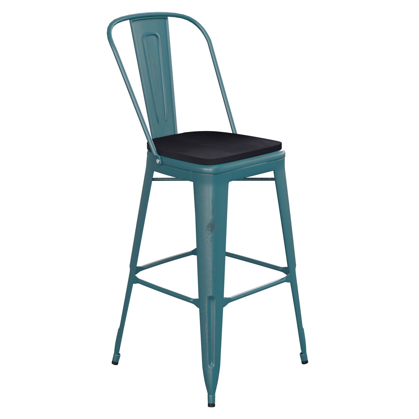 Carly Commercial Grade 30" High Kelly Blue-Teal Metal Indoor-Outdoor Barstool with Back with Black Poly Resin Wood Seat Black Seat/Kelly Blue-Teal Frame