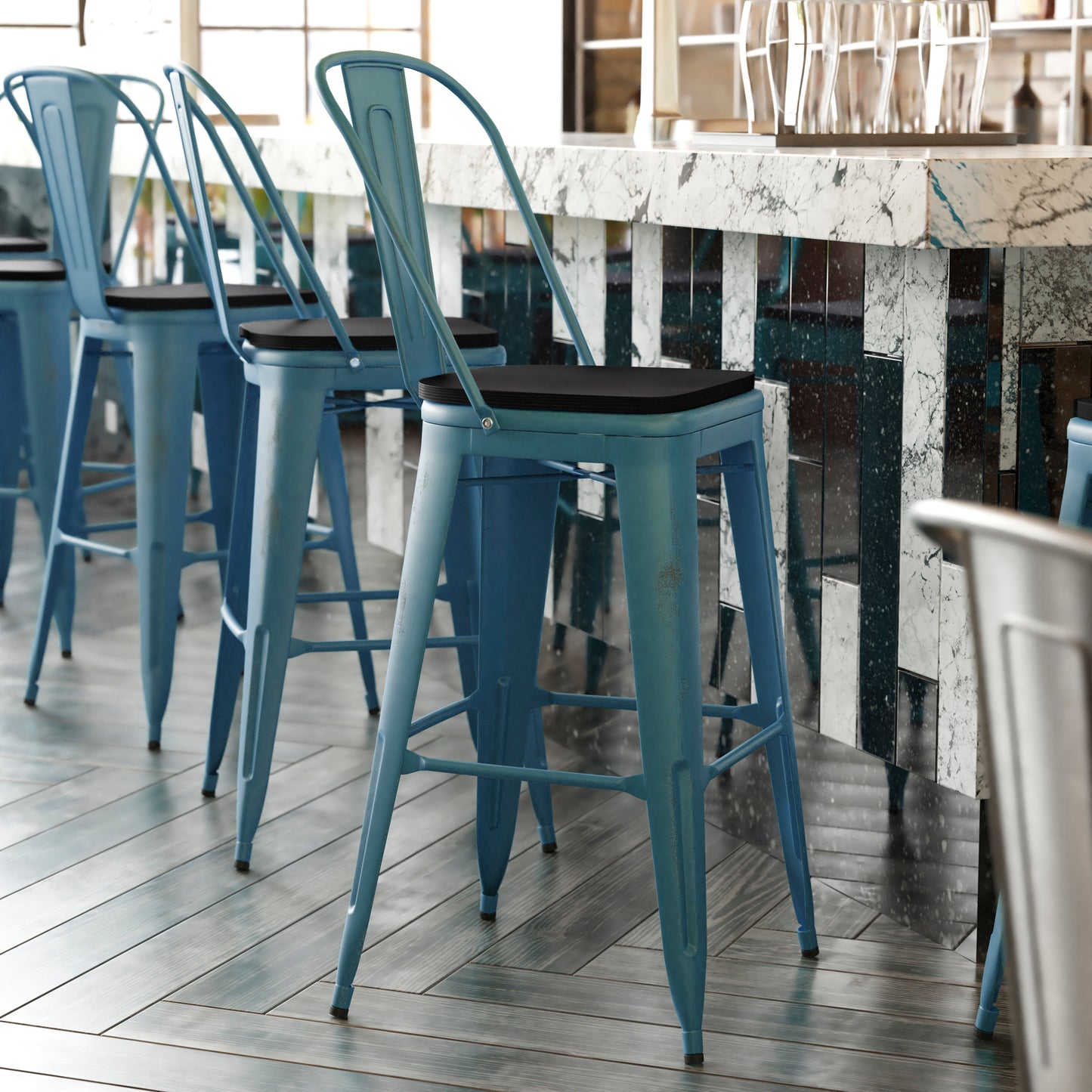 Carly Commercial Grade 30" High Kelly Blue-Teal Metal Indoor-Outdoor Barstool with Back with Black Poly Resin Wood Seat Black Seat/Kelly Blue-Teal Frame