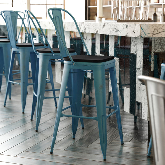 Carly Commercial Grade 30" High Kelly Blue-Teal Metal Indoor-Outdoor Barstool with Back with Black Poly Resin Wood Seat Black Seat/Kelly Blue-Teal Frame