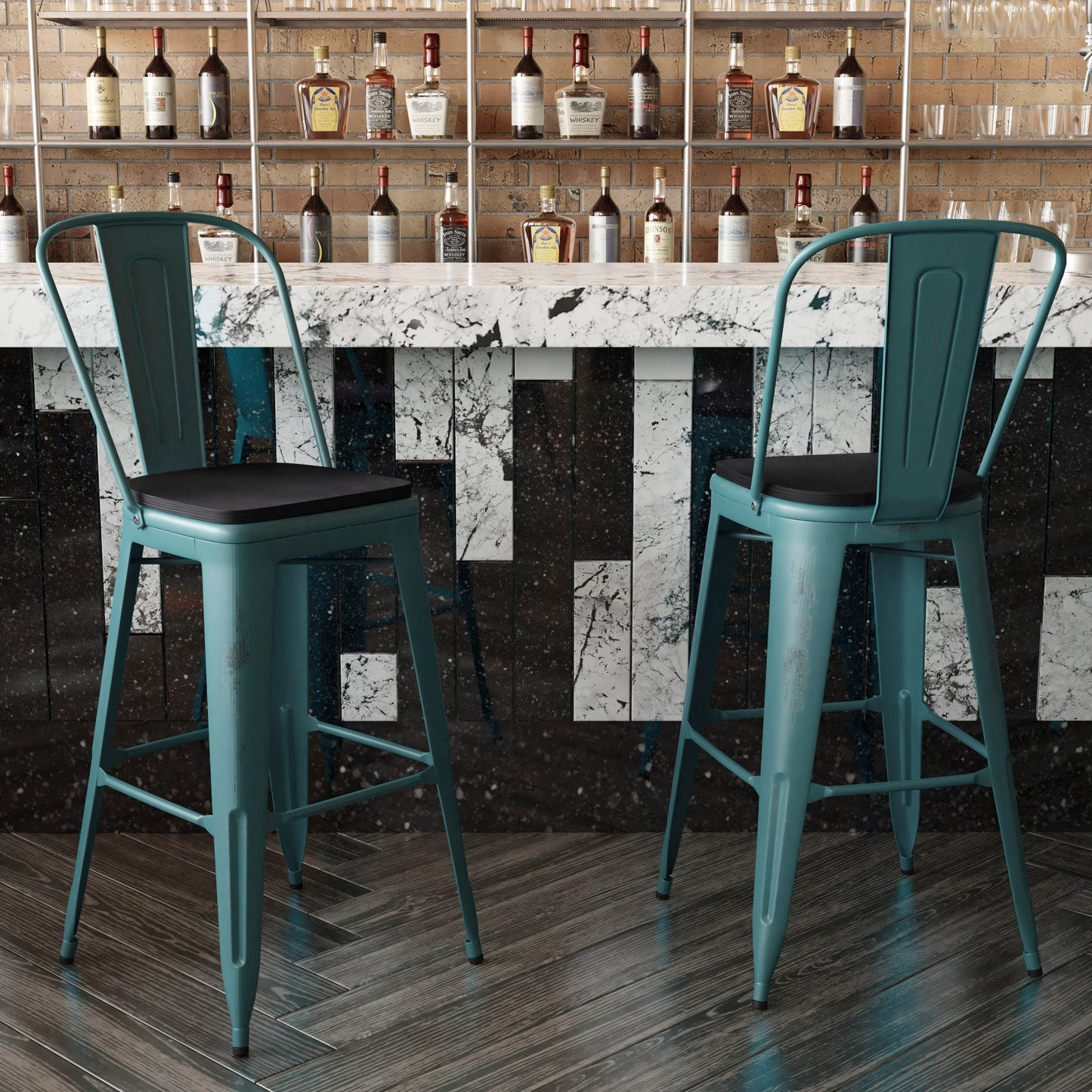 Carly Commercial Grade 30" High Kelly Blue-Teal Metal Indoor-Outdoor Barstool with Back with Black Poly Resin Wood Seat Black Seat/Kelly Blue-Teal Frame