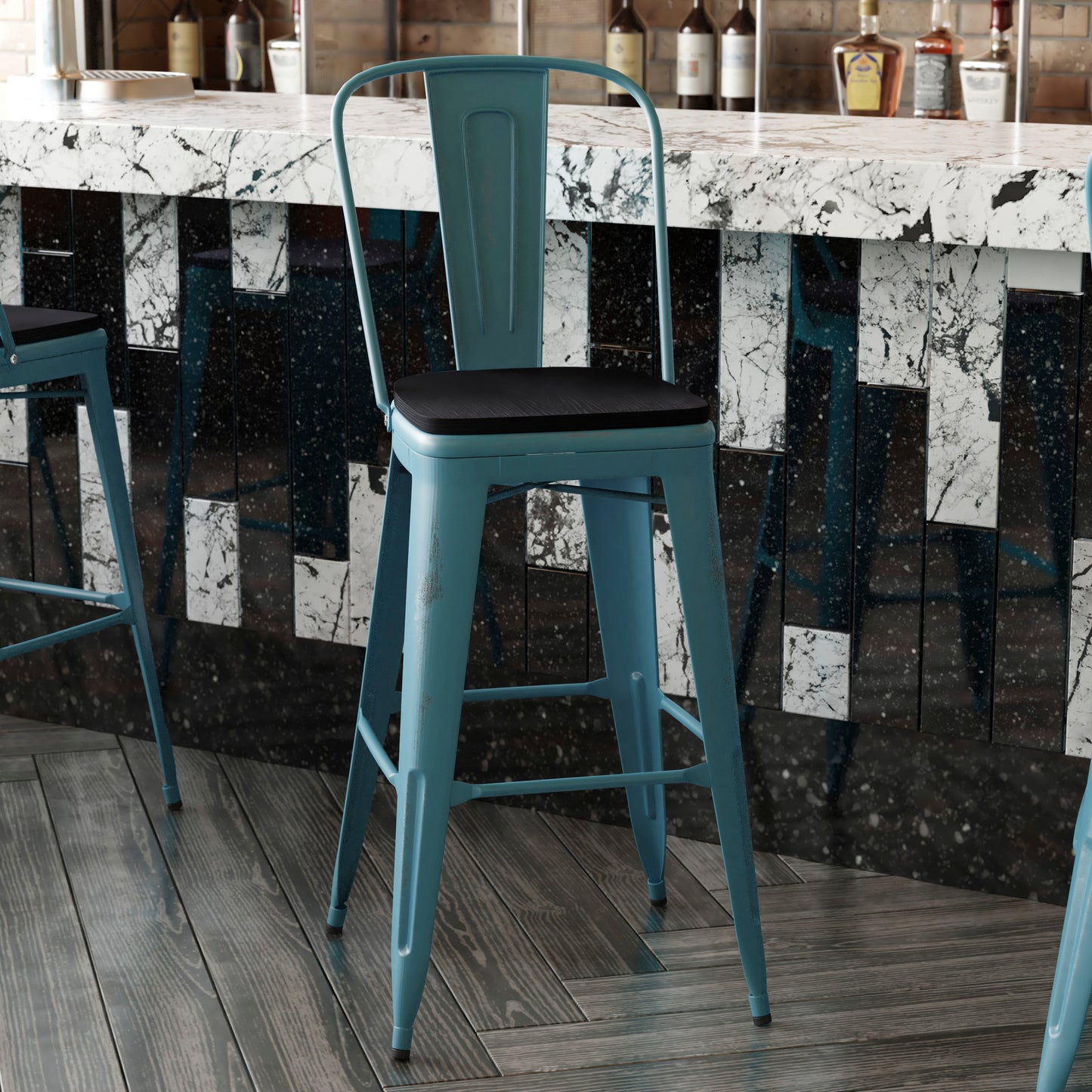 Carly Commercial Grade 30" High Kelly Blue-Teal Metal Indoor-Outdoor Barstool with Back with Black Poly Resin Wood Seat Black Seat/Kelly Blue-Teal Frame