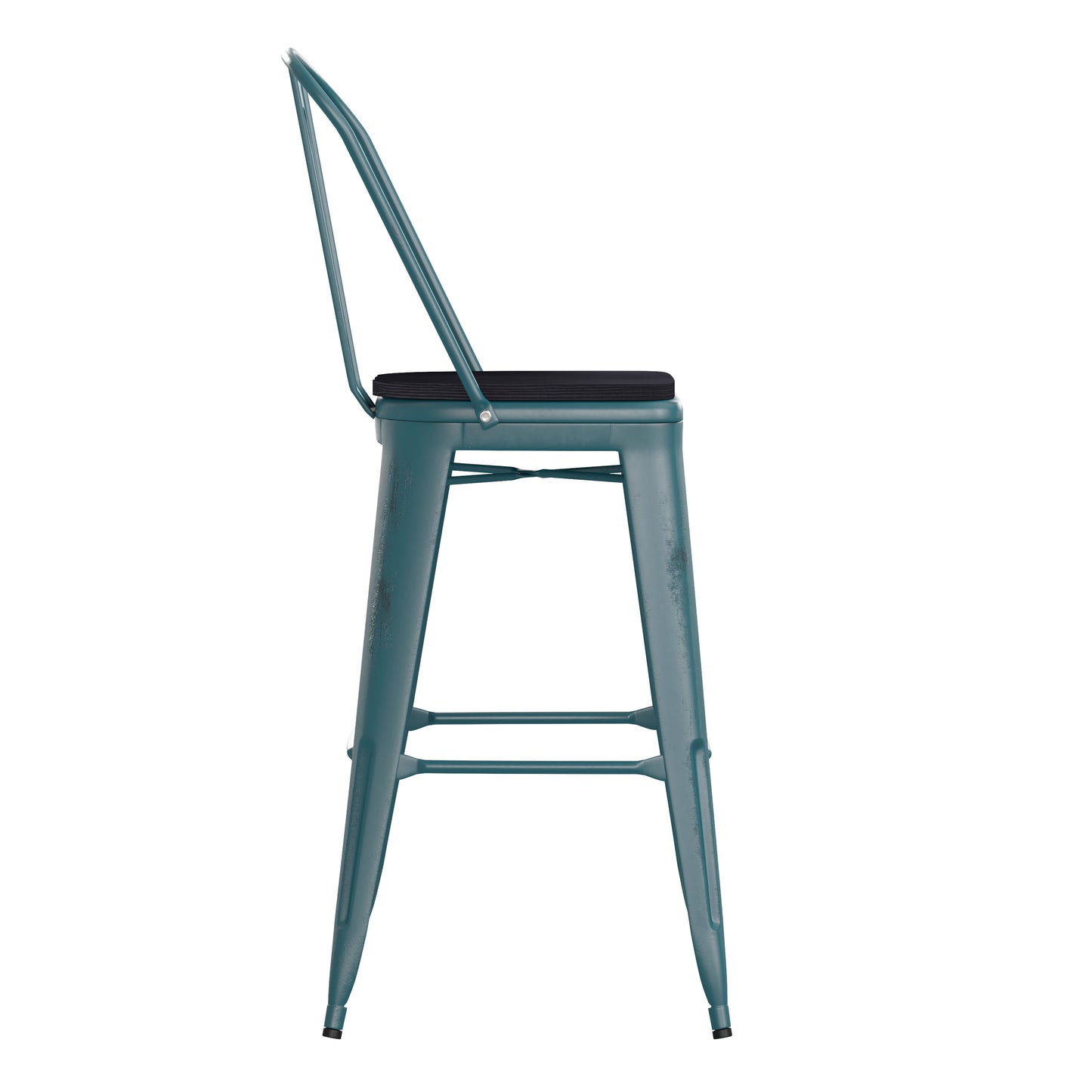 Carly Commercial Grade 30" High Kelly Blue-Teal Metal Indoor-Outdoor Barstool with Back with Black Poly Resin Wood Seat Black Seat/Kelly Blue-Teal Frame