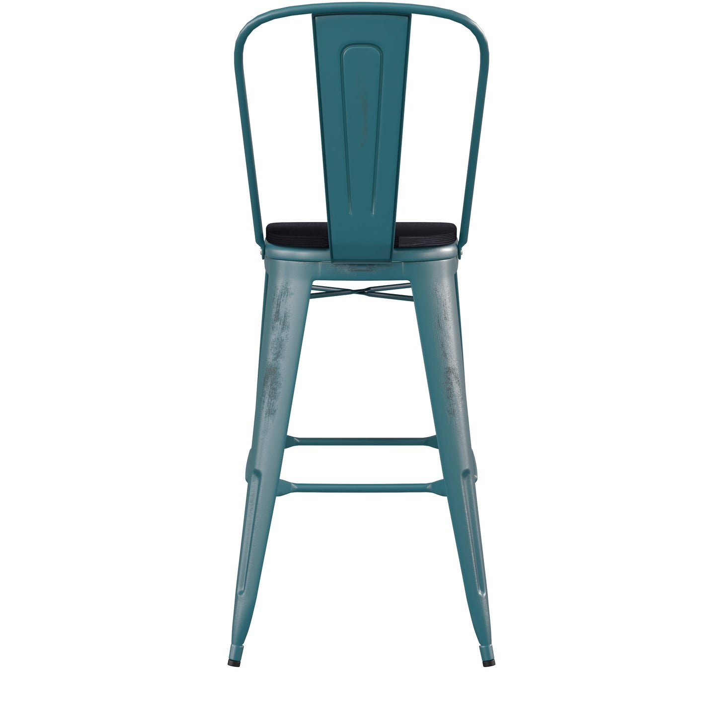 Carly Commercial Grade 30" High Kelly Blue-Teal Metal Indoor-Outdoor Barstool with Back with Black Poly Resin Wood Seat Black Seat/Kelly Blue-Teal Frame