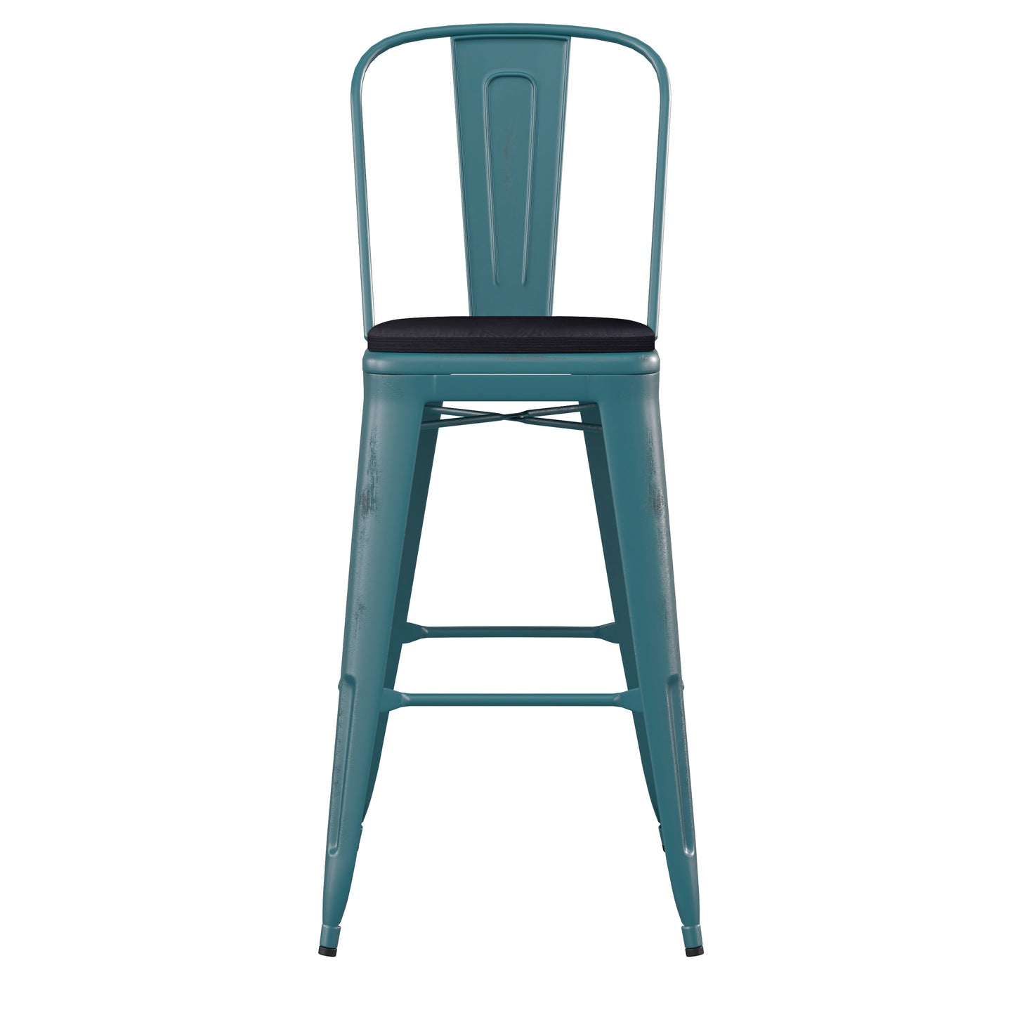 Carly Commercial Grade 30" High Kelly Blue-Teal Metal Indoor-Outdoor Barstool with Back with Black Poly Resin Wood Seat Black Seat/Kelly Blue-Teal Frame