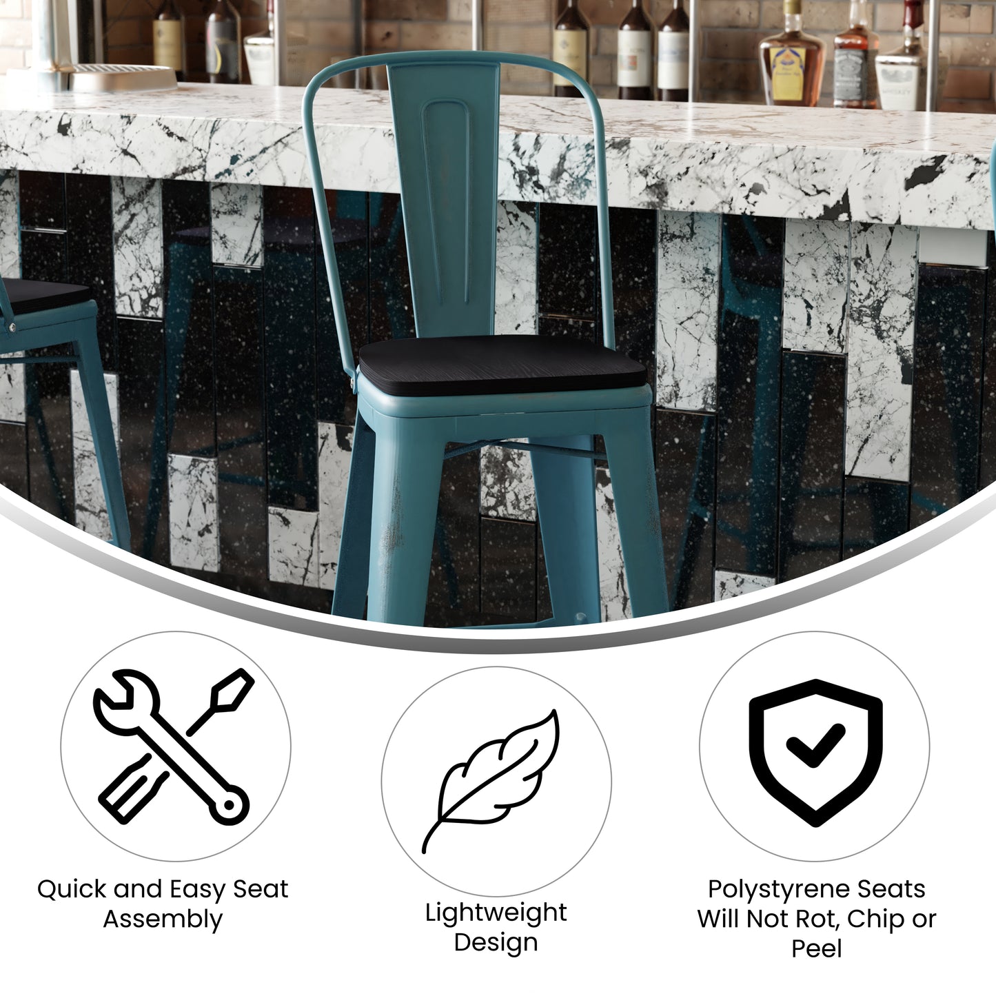 Carly Commercial Grade 30" High Kelly Blue-Teal Metal Indoor-Outdoor Barstool with Back with Black Poly Resin Wood Seat Black Seat/Kelly Blue-Teal Frame