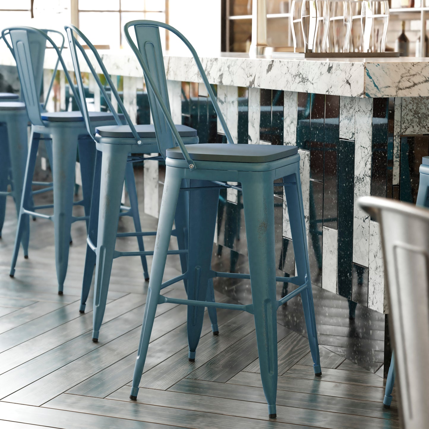 Carly Commercial Grade 30" High Kelly Blue-Teal Metal Indoor-Outdoor Barstool with Back with Teal-Blue Poly Resin Wood Seat Teal-Blue Seat/Kelly Blue-Teal Frame ET-3534-30-KB-PL1C-GG