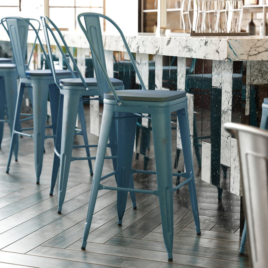 Carly Commercial Grade 30" High Kelly Blue-Teal Metal Indoor-Outdoor Barstool with Back with Teal-Blue Poly Resin Wood Seat Teal-Blue Seat/Kelly Blue-Teal Frame