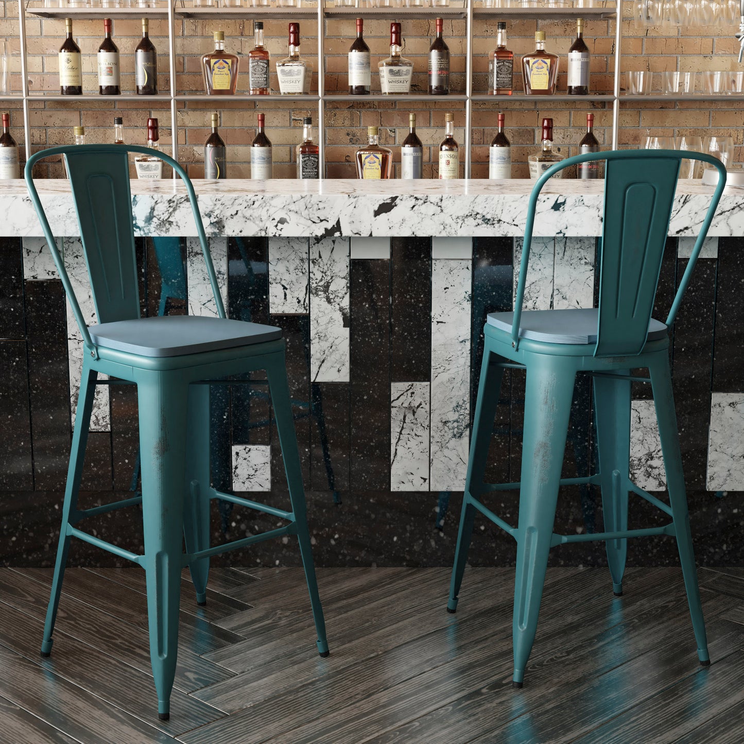Carly Commercial Grade 30" High Kelly Blue-Teal Metal Indoor-Outdoor Barstool with Back with Teal-Blue Poly Resin Wood Seat Teal-Blue Seat/Kelly Blue-Teal Frame ET-3534-30-KB-PL1C-GG