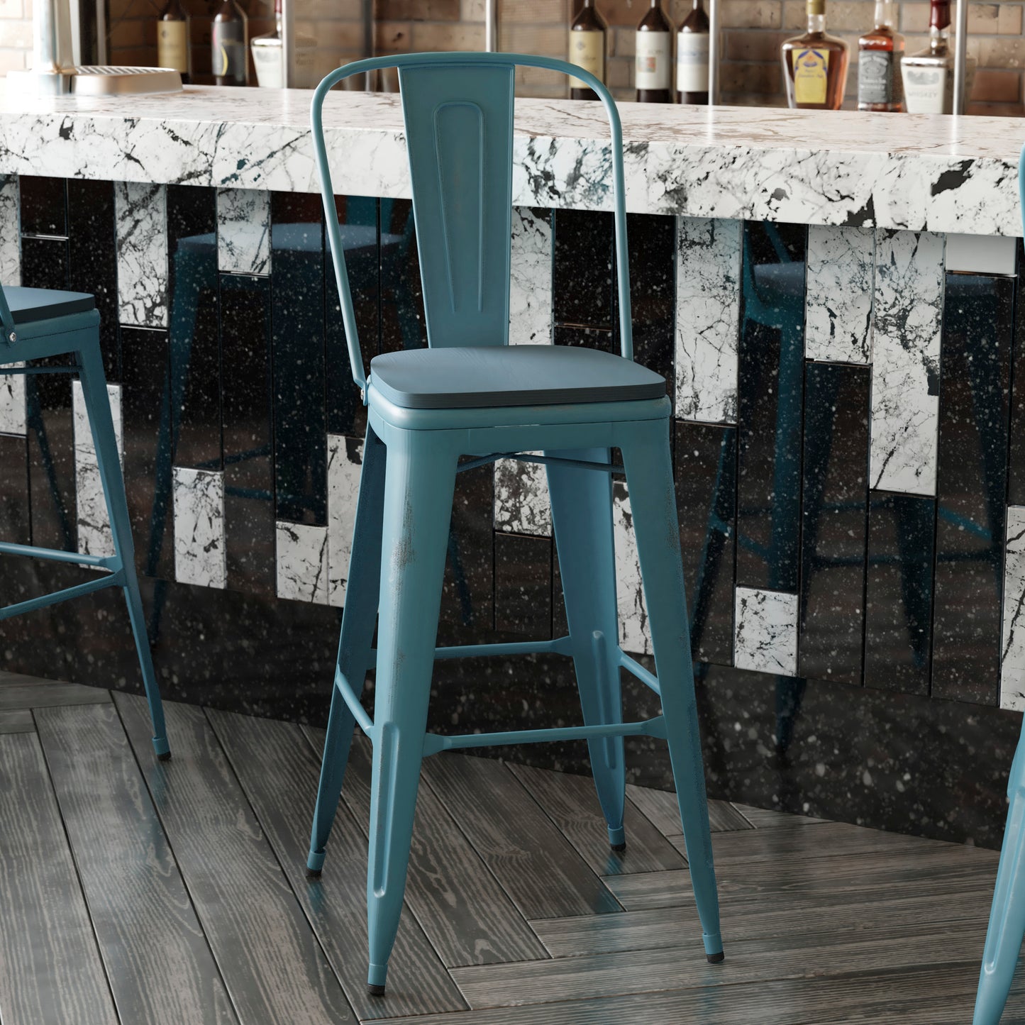 Carly Commercial Grade 30" High Kelly Blue-Teal Metal Indoor-Outdoor Barstool with Back with Teal-Blue Poly Resin Wood Seat Teal-Blue Seat/Kelly Blue-Teal Frame ET-3534-30-KB-PL1C-GG