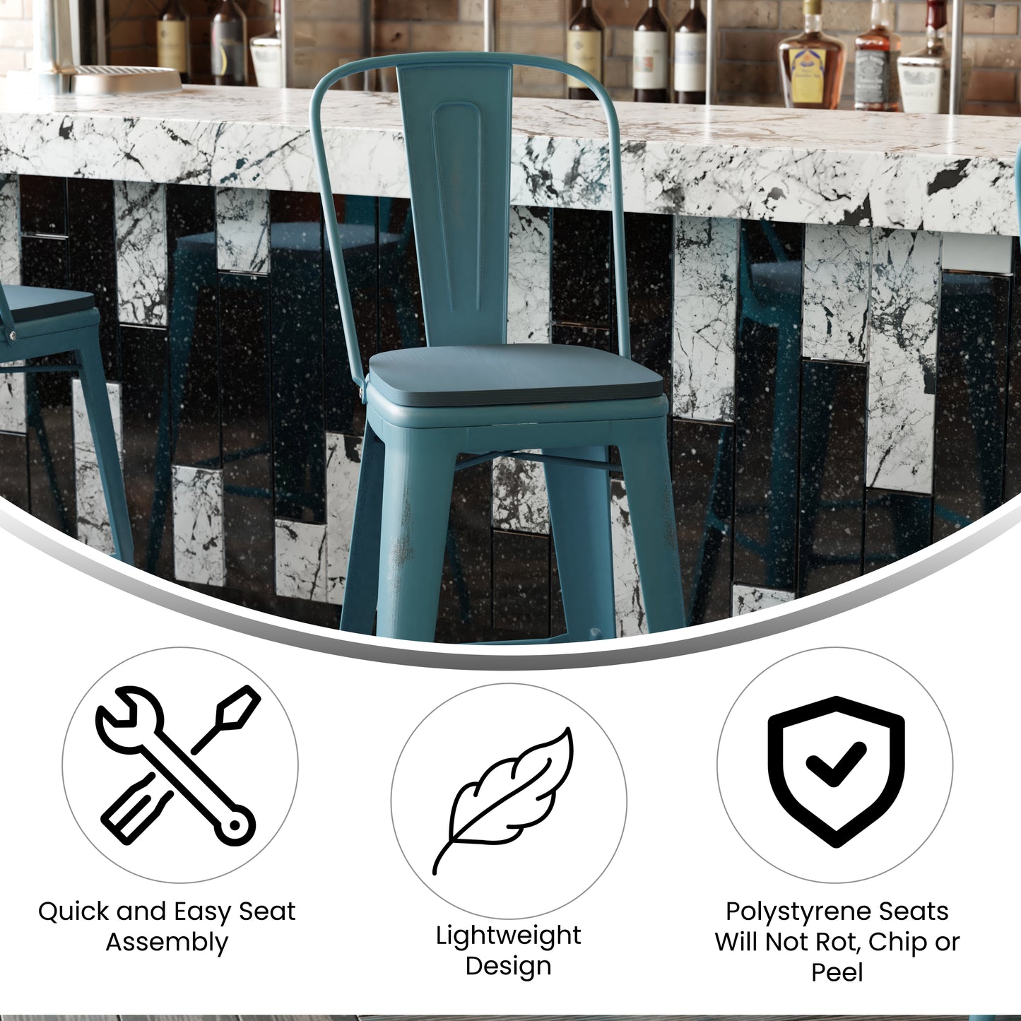 Carly Commercial Grade 30" High Kelly Blue-Teal Metal Indoor-Outdoor Barstool with Back with Teal-Blue Poly Resin Wood Seat Teal-Blue Seat/Kelly Blue-Teal Frame ET-3534-30-KB-PL1C-GG