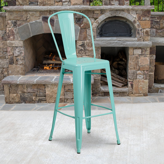 Cindy Commercial Grade 30" High Mint Green Metal Indoor-Outdoor Barstool with Back Mint Green