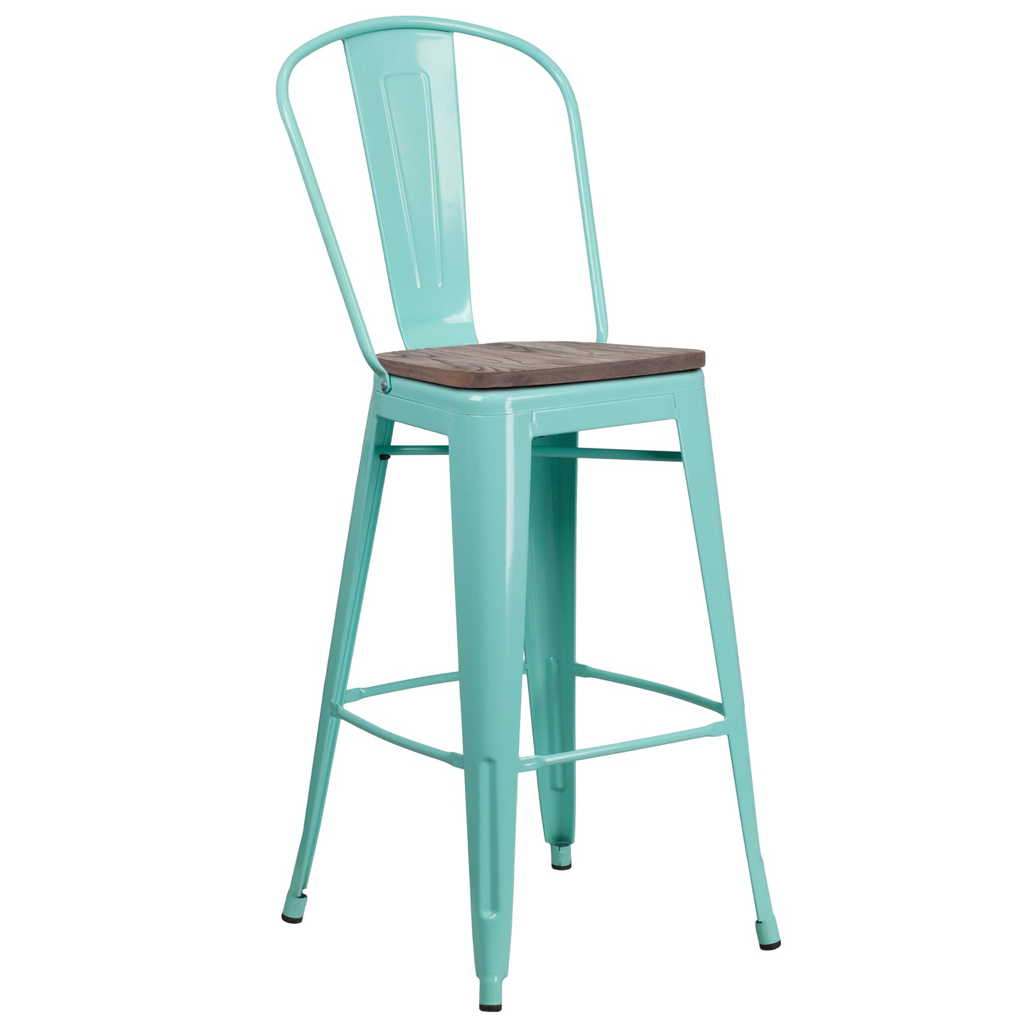Cindy 30" High Mint Green Metal Barstool with Back and Wood Seat Mint Green