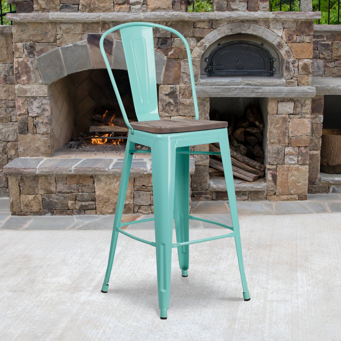 Cindy 30" High Mint Green Metal Barstool with Back and Wood Seat Mint Green