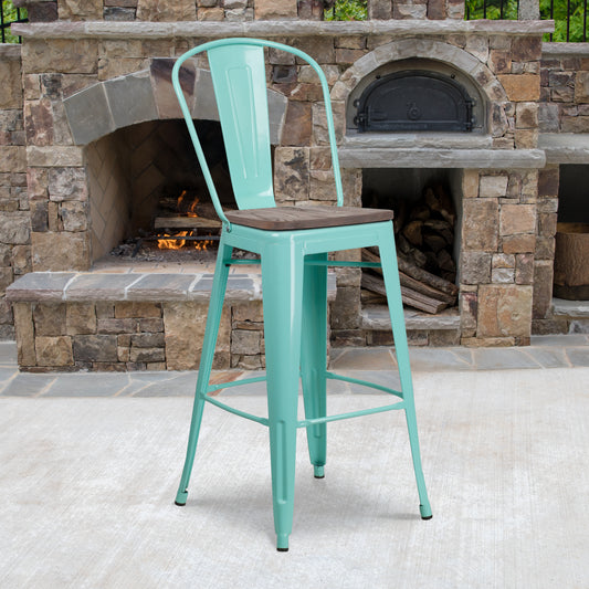 Cindy 30" High Mint Green Metal Barstool with Back and Wood Seat Mint Green