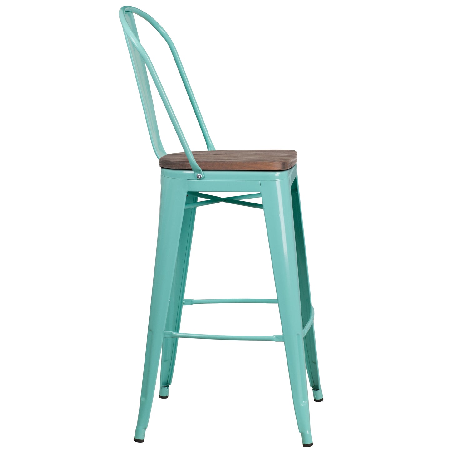 Cindy 30" High Mint Green Metal Barstool with Back and Wood Seat Mint Green