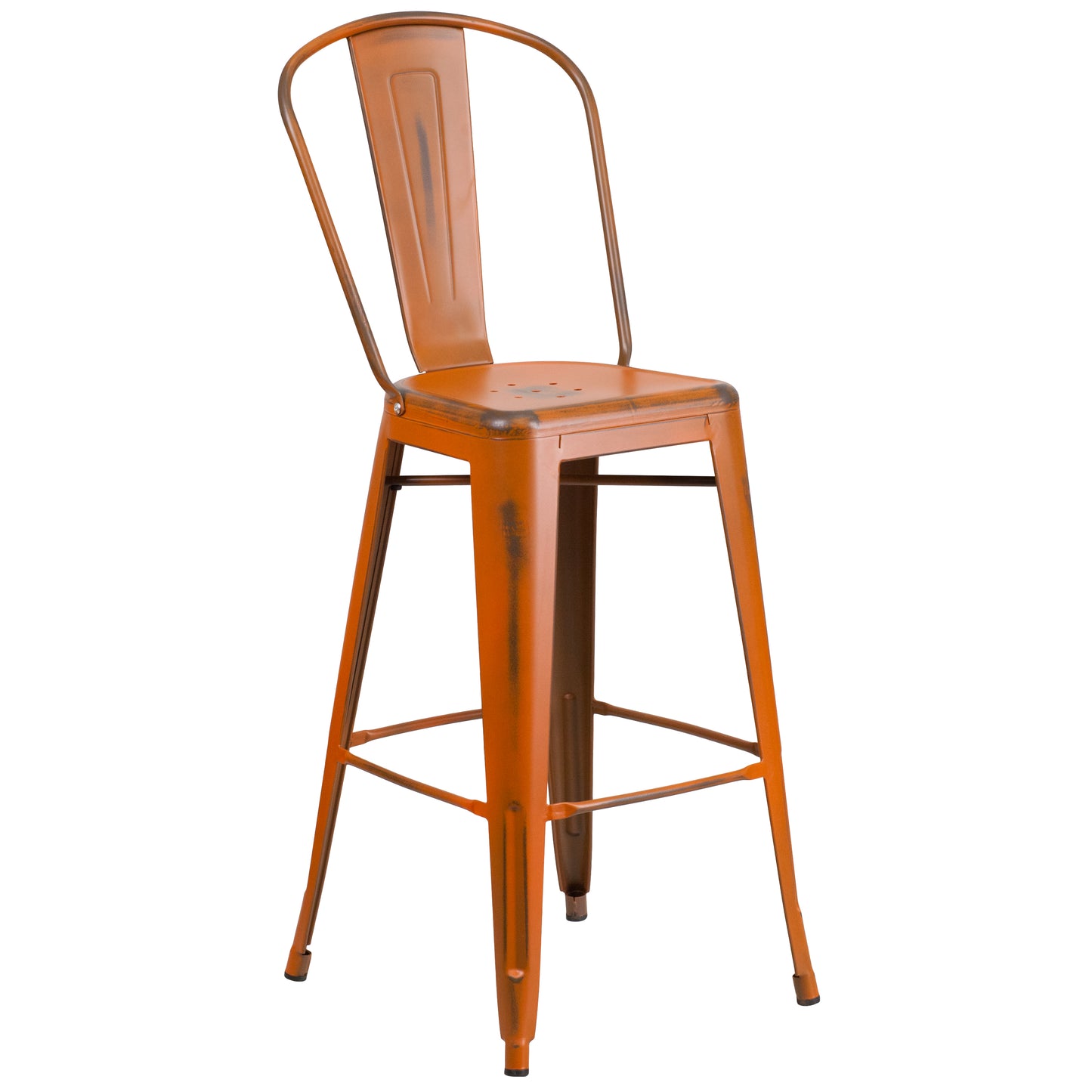 Cindy Commercial Grade 30" High Distressed Orange Metal Indoor-Outdoor Barstool with Back Orange