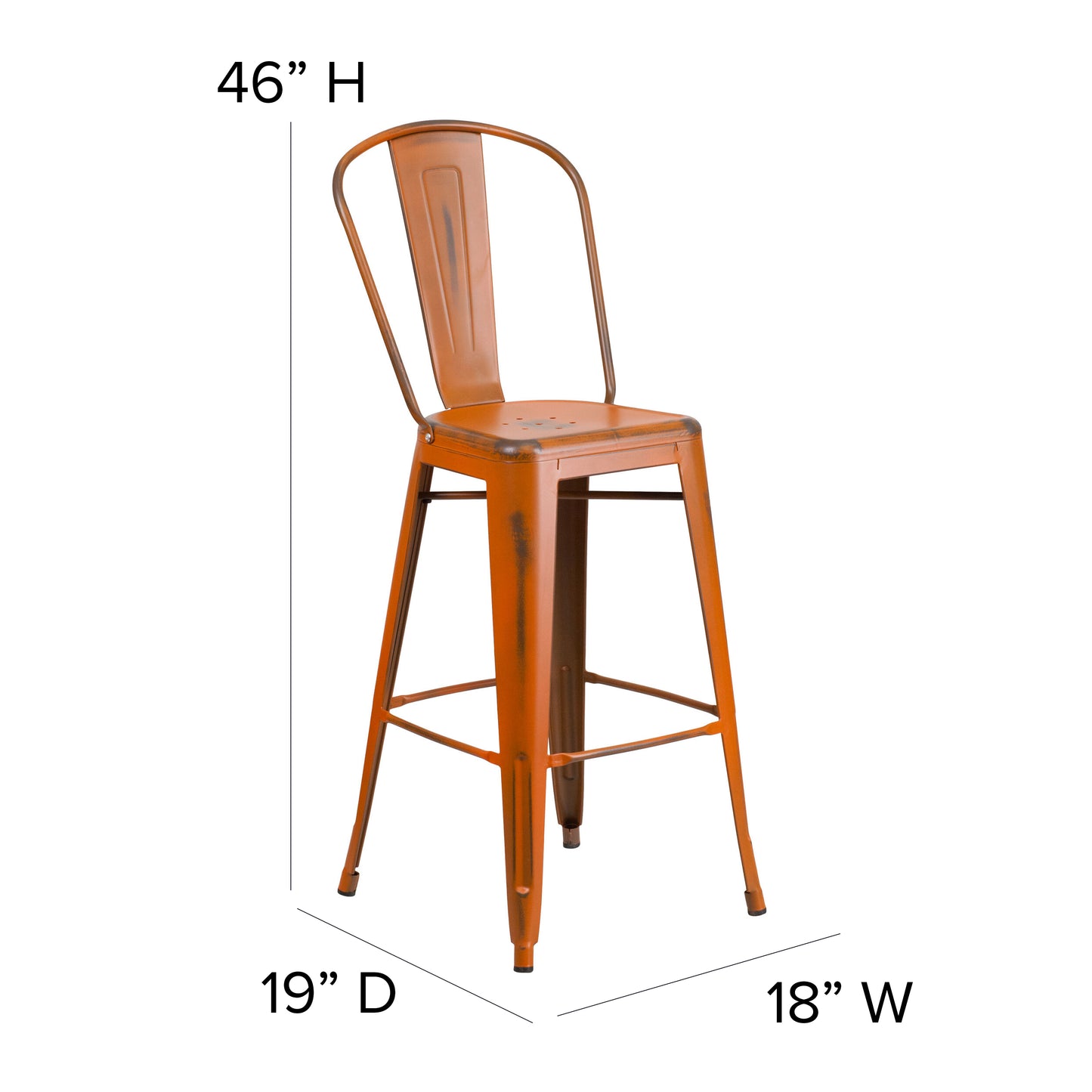Cindy Commercial Grade 30" High Distressed Orange Metal Indoor-Outdoor Barstool with Back Orange