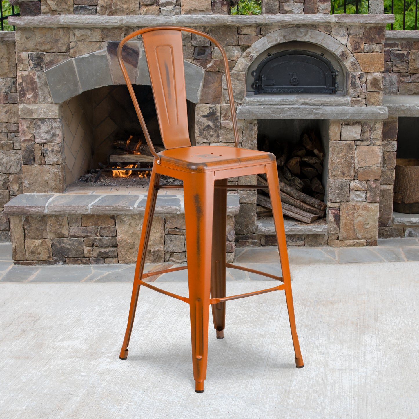 Cindy Commercial Grade 30" High Distressed Orange Metal Indoor-Outdoor Barstool with Back Orange