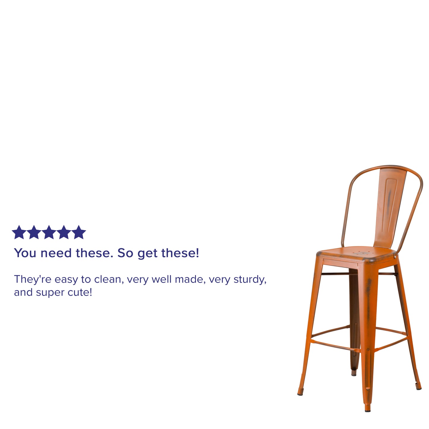 Cindy Commercial Grade 30" High Distressed Orange Metal Indoor-Outdoor Barstool with Back Orange