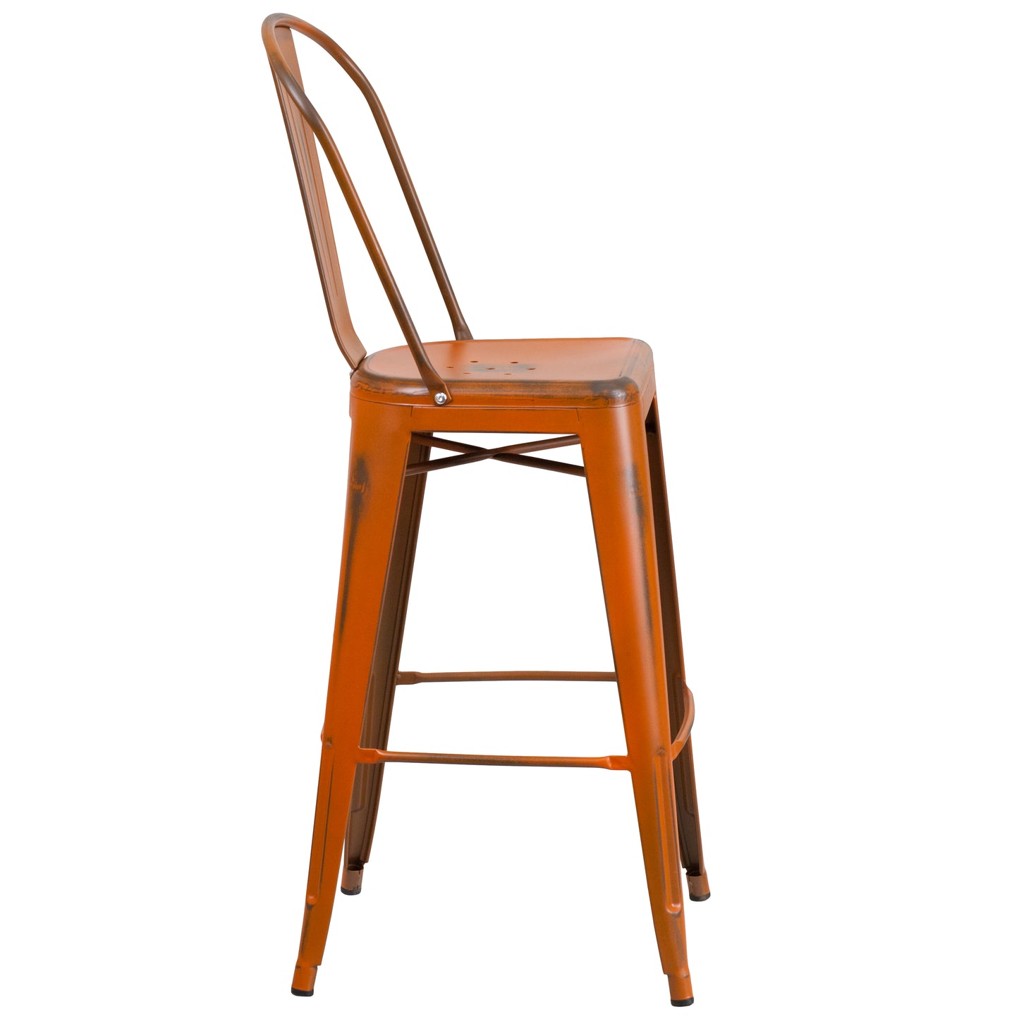 Cindy Commercial Grade 30" High Distressed Orange Metal Indoor-Outdoor Barstool with Back Orange