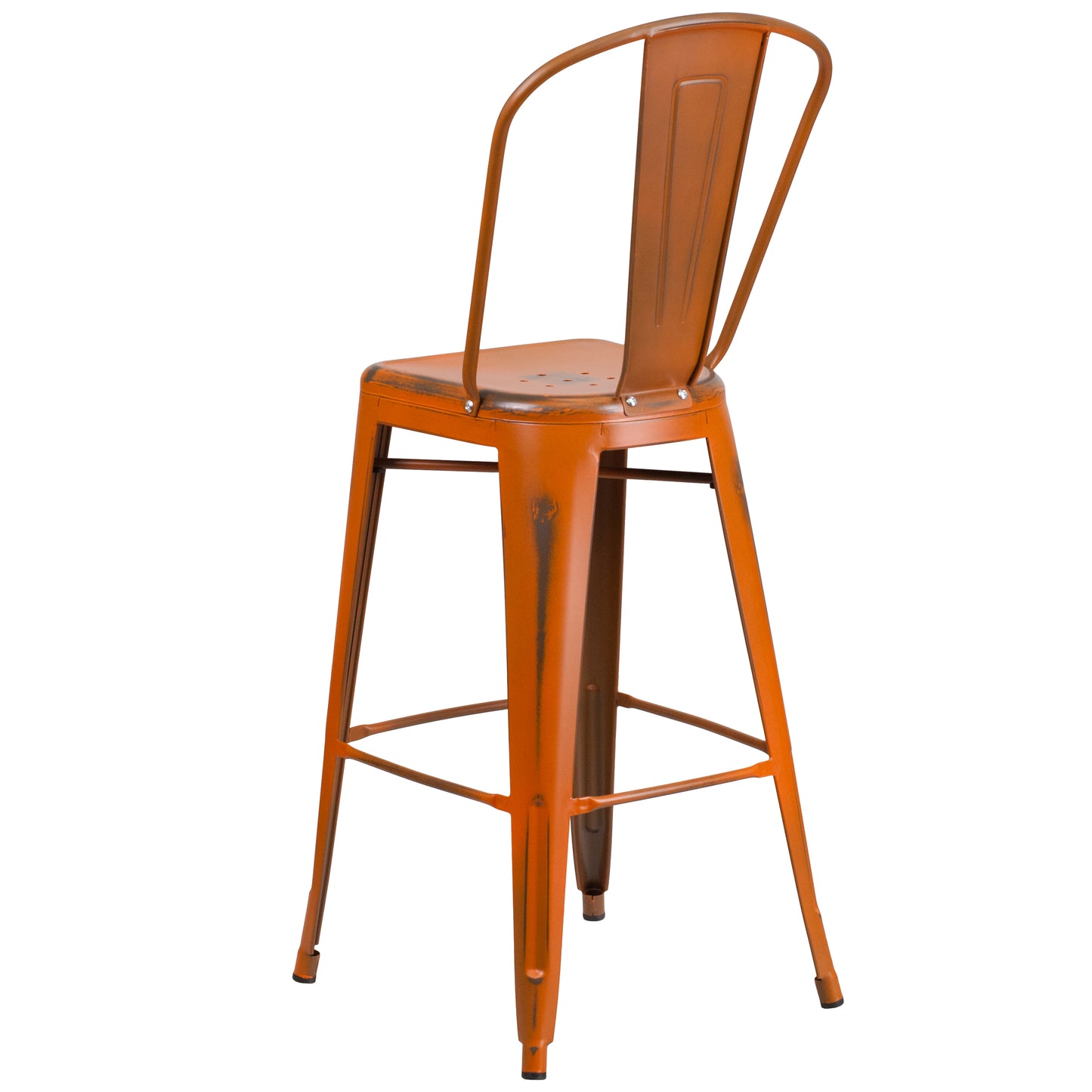 Cindy Commercial Grade 30" High Distressed Orange Metal Indoor-Outdoor Barstool with Back Orange