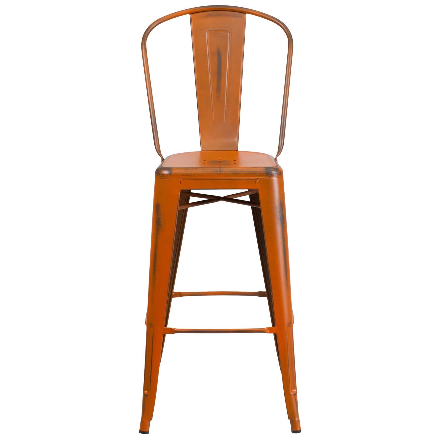 Cindy Commercial Grade 30" High Distressed Orange Metal Indoor-Outdoor Barstool with Back Orange