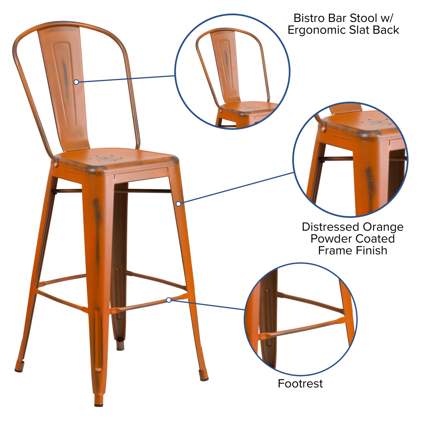 Cindy Commercial Grade 30" High Distressed Orange Metal Indoor-Outdoor Barstool with Back Orange