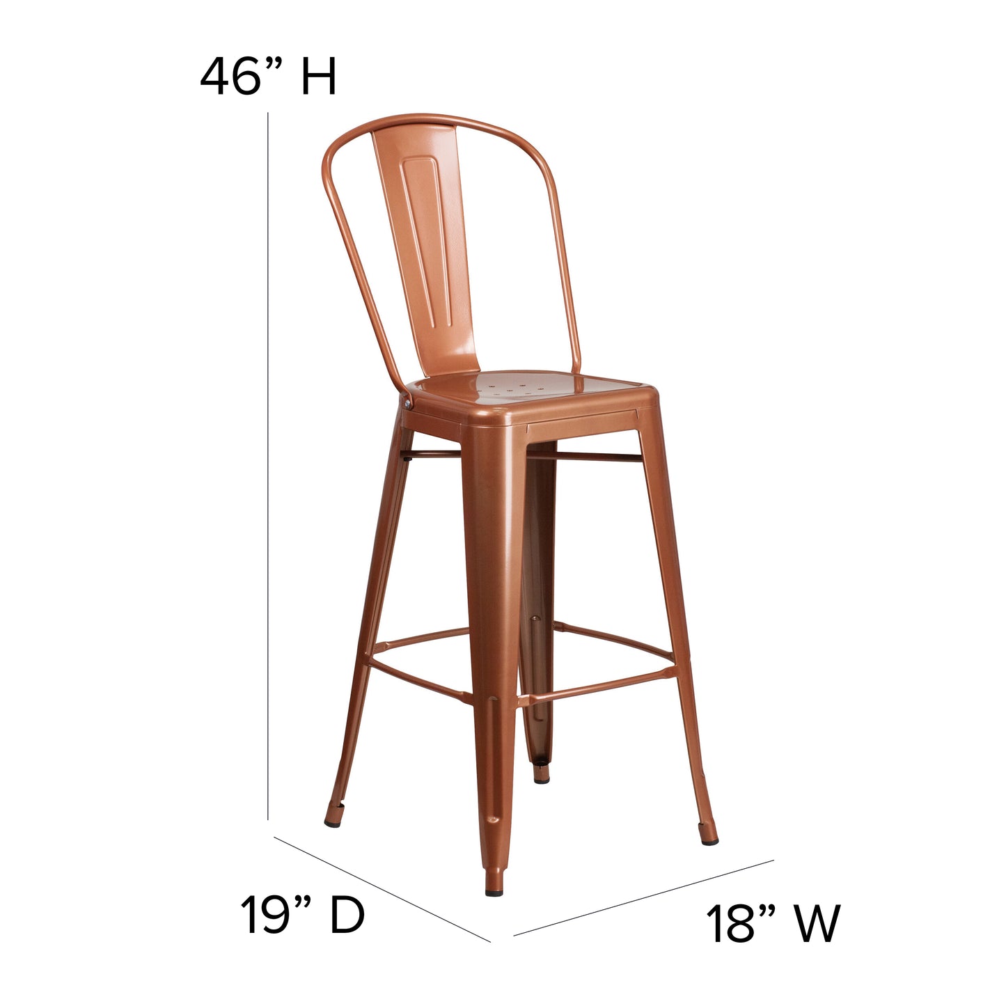 Cindy Commercial Grade 30" High Copper Metal Indoor-Outdoor Barstool with Back Copper