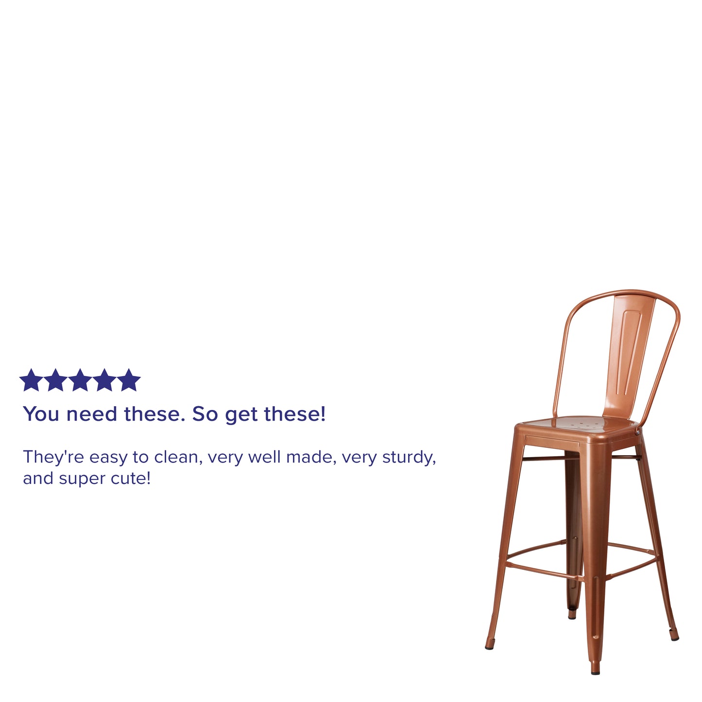 Cindy Commercial Grade 30" High Copper Metal Indoor-Outdoor Barstool with Back Copper