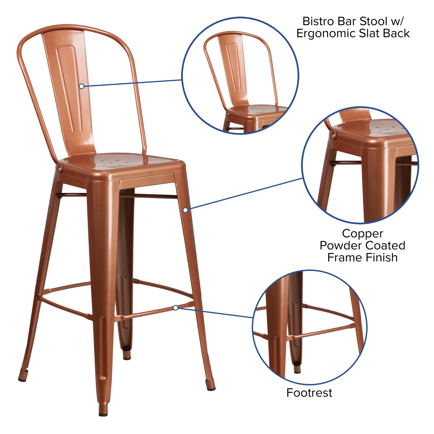 Cindy Commercial Grade 30" High Copper Metal Indoor-Outdoor Barstool with Back Copper