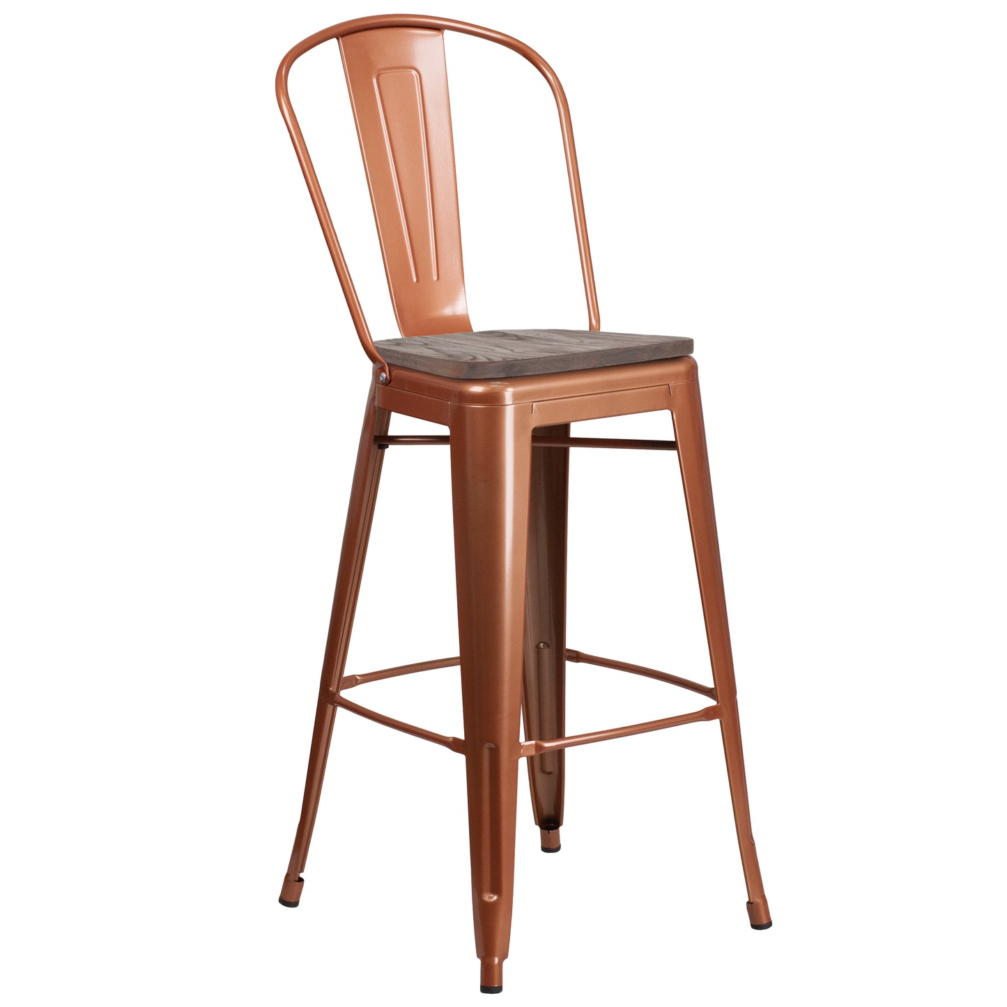 Cindy 30" High Copper Metal Barstool with Back and Wood Seat Copper ET-3534-30-POC-WD-GG