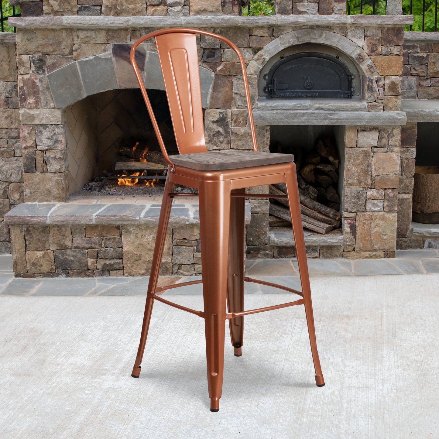 Cindy 30" High Copper Metal Barstool with Back and Wood Seat Copper ET-3534-30-POC-WD-GG