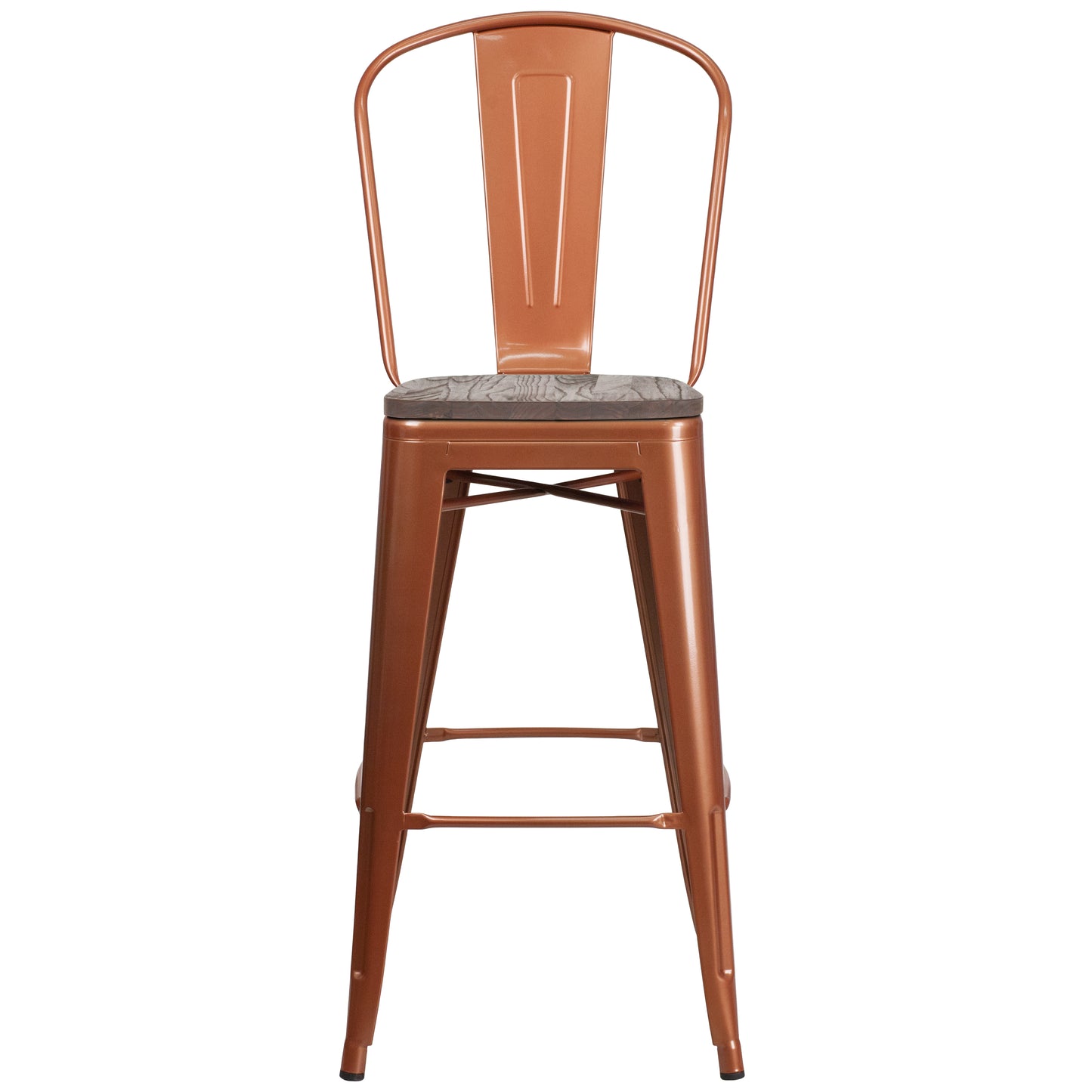 Cindy 30" High Copper Metal Barstool with Back and Wood Seat Copper ET-3534-30-POC-WD-GG