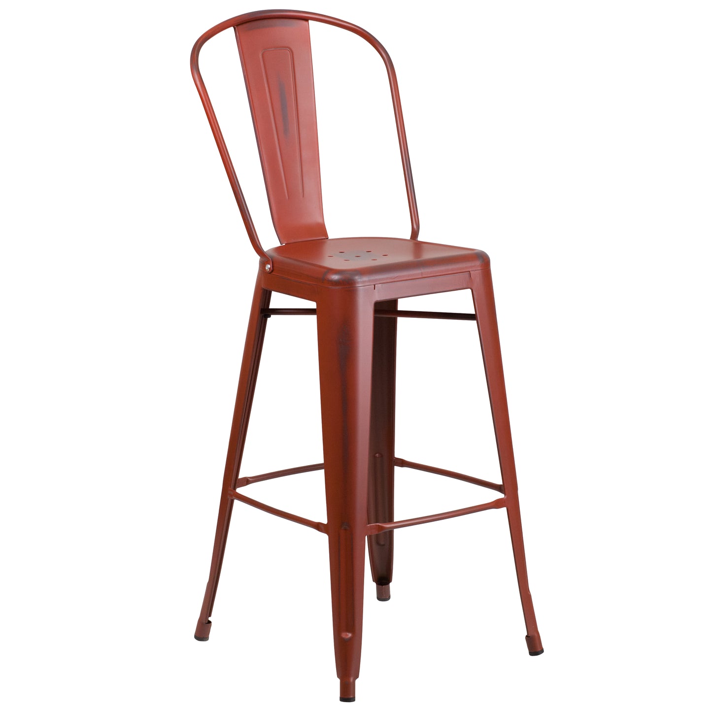 Cindy Commercial Grade 30" High Distressed Kelly Red Metal Indoor-Outdoor Barstool with Back Kelly Red