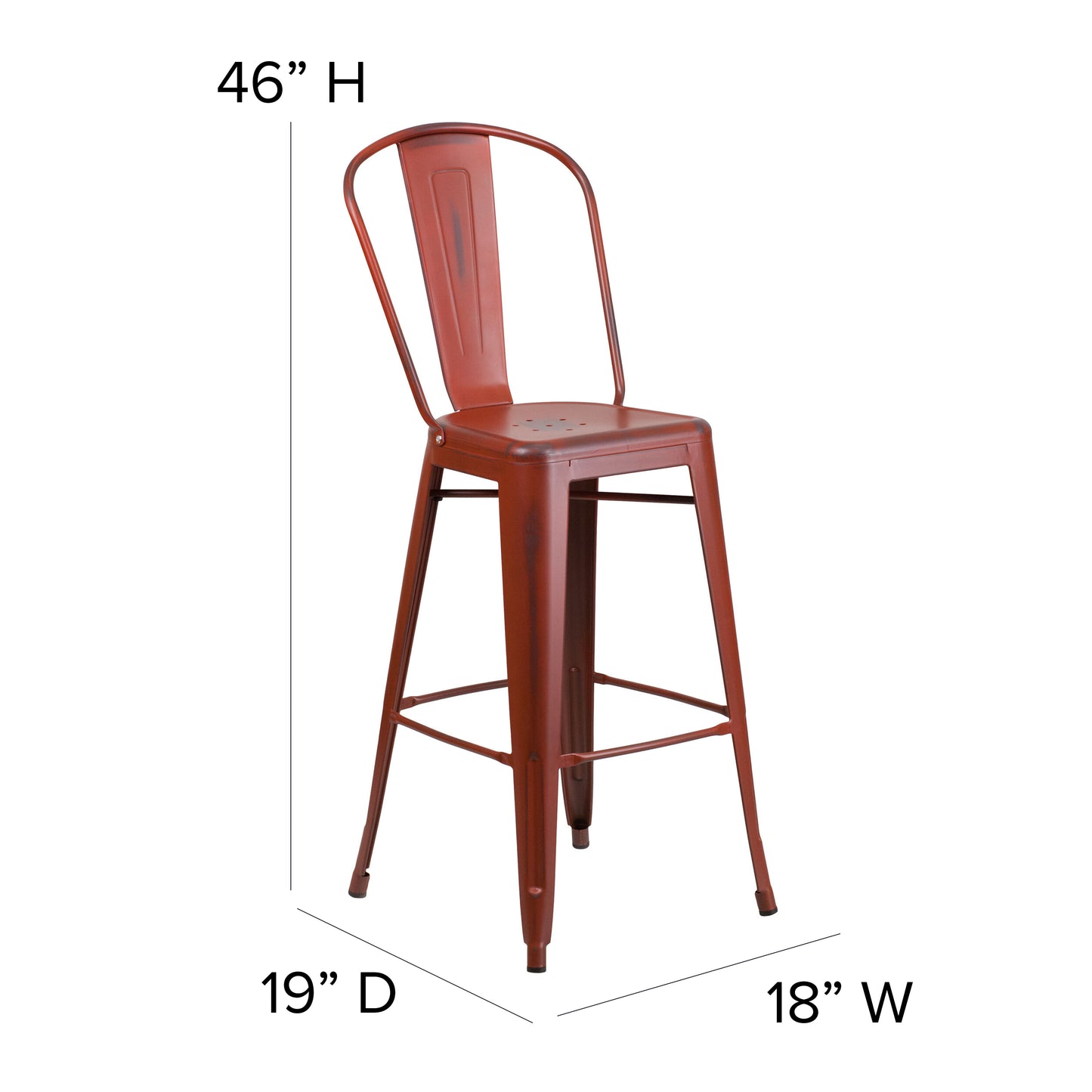 Cindy Commercial Grade 30" High Distressed Kelly Red Metal Indoor-Outdoor Barstool with Back Kelly Red