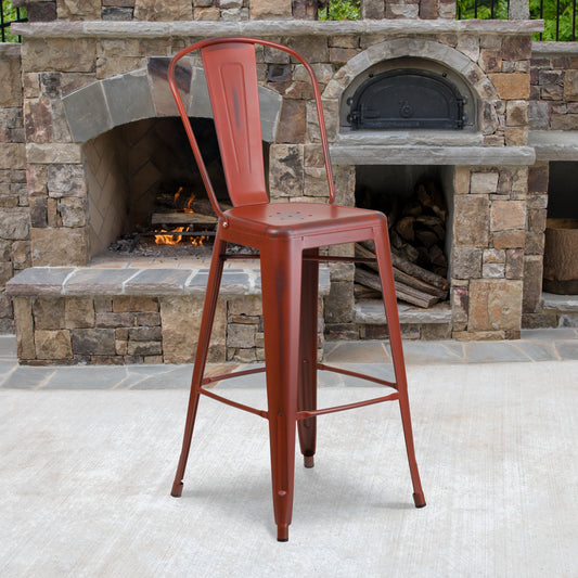 Cindy Commercial Grade 30" High Distressed Kelly Red Metal Indoor-Outdoor Barstool with Back Kelly Red