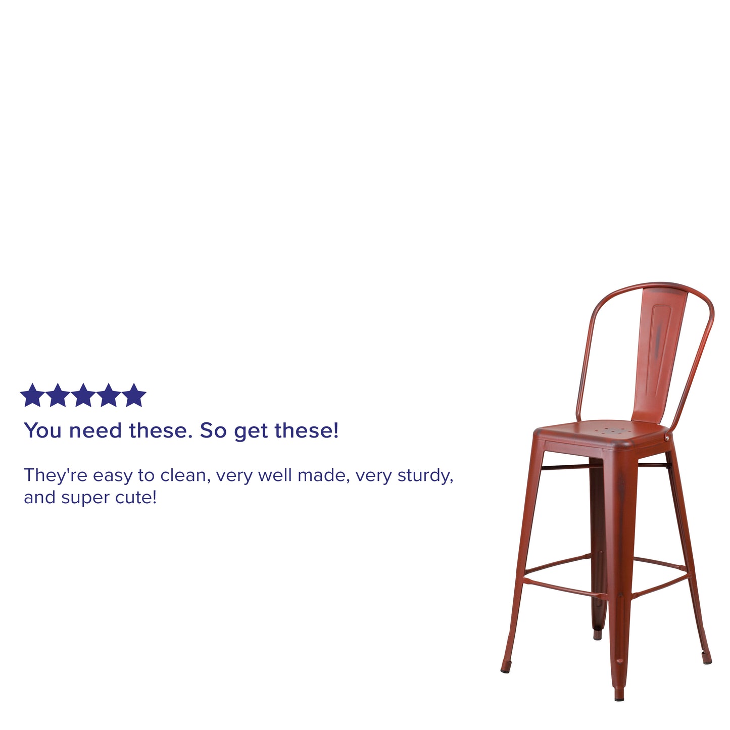 Cindy Commercial Grade 30" High Distressed Kelly Red Metal Indoor-Outdoor Barstool with Back Kelly Red