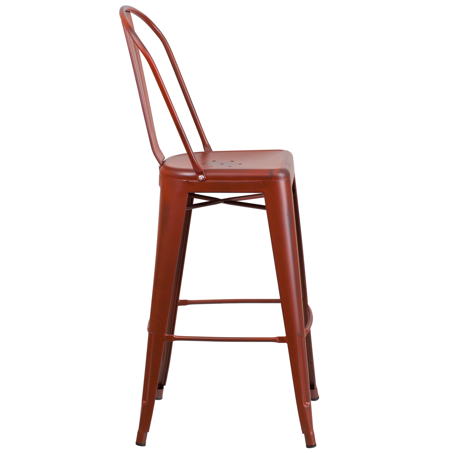 Cindy Commercial Grade 30" High Distressed Kelly Red Metal Indoor-Outdoor Barstool with Back Kelly Red