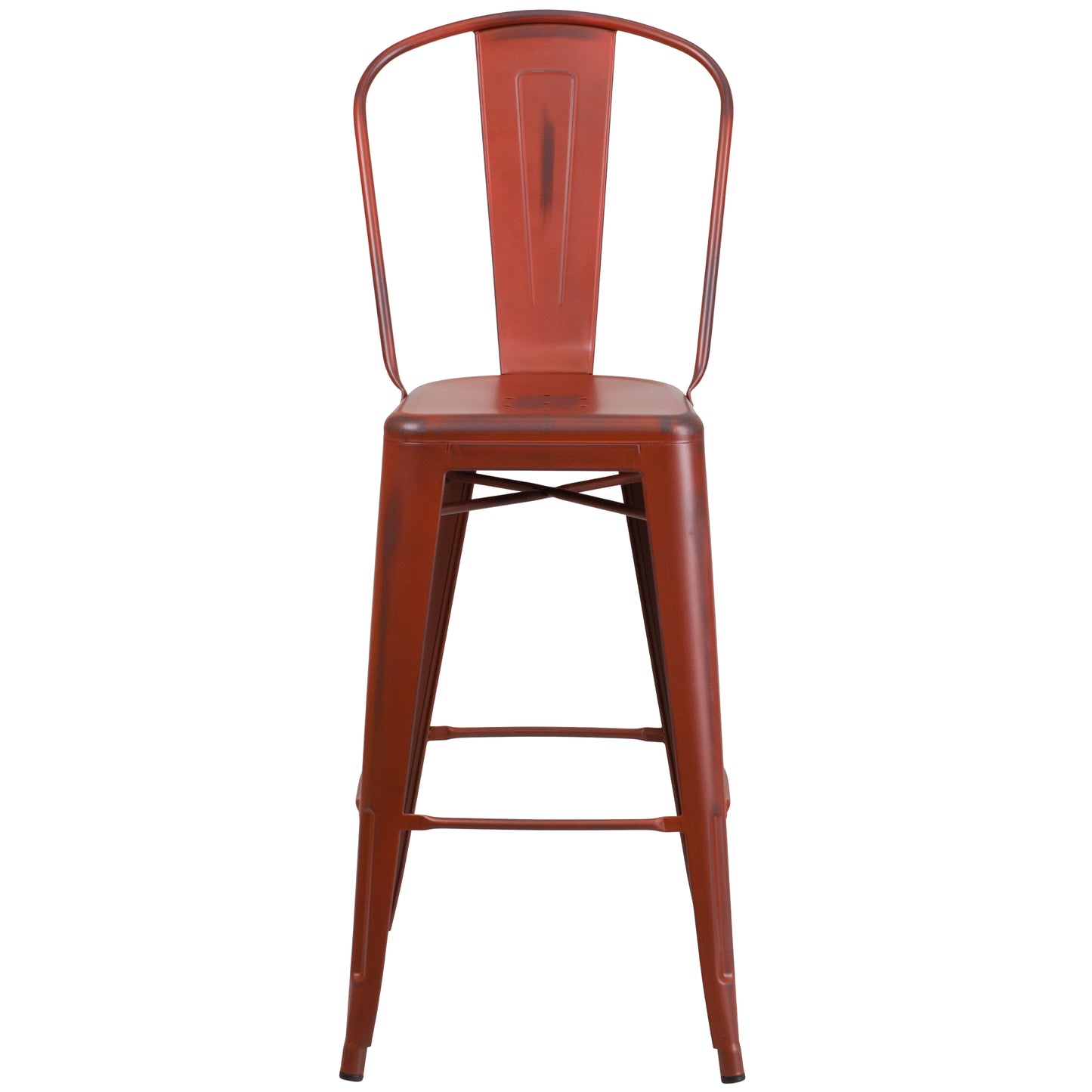 Cindy Commercial Grade 30" High Distressed Kelly Red Metal Indoor-Outdoor Barstool with Back Kelly Red