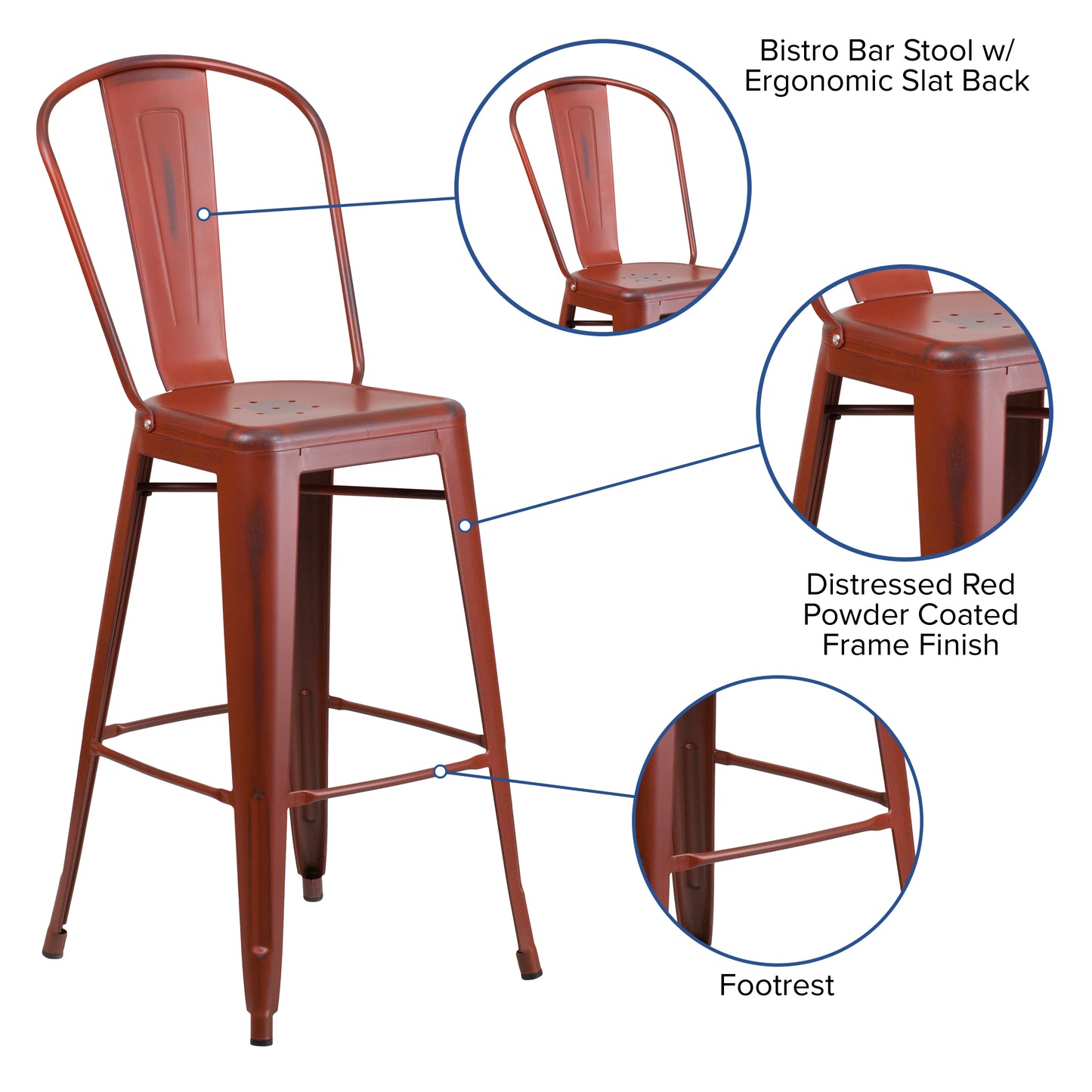Cindy Commercial Grade 30" High Distressed Kelly Red Metal Indoor-Outdoor Barstool with Back Kelly Red