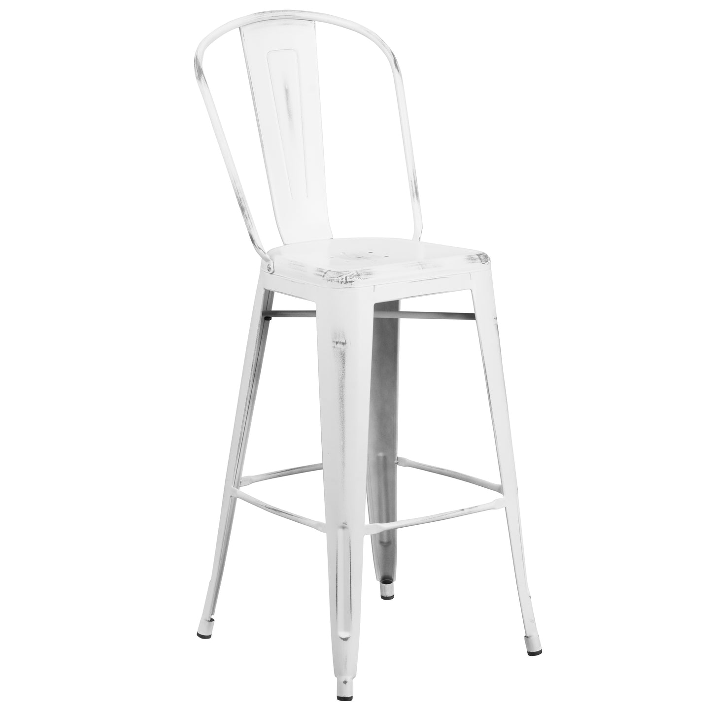 Cindy Commercial Grade 30" High Distressed White Metal Indoor-Outdoor Barstool with Back White