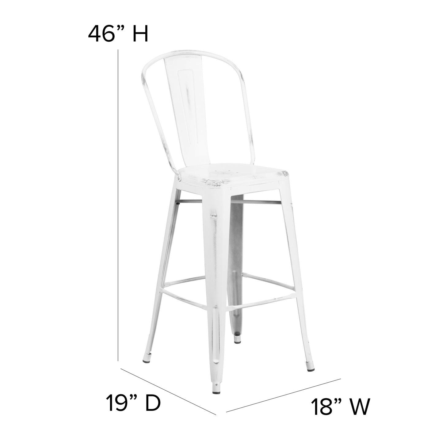 Cindy Commercial Grade 30" High Distressed White Metal Indoor-Outdoor Barstool with Back White