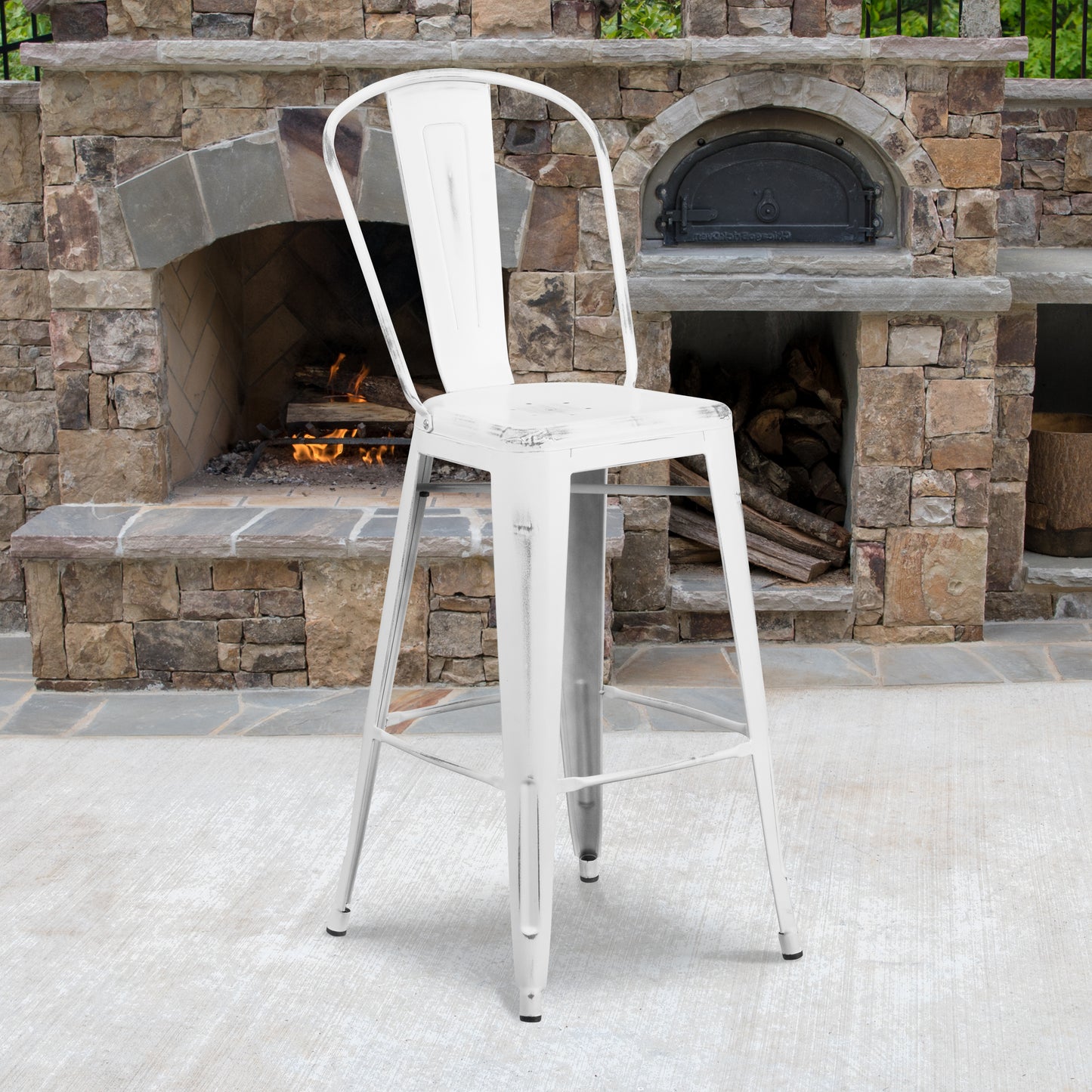 Cindy Commercial Grade 30" High Distressed White Metal Indoor-Outdoor Barstool with Back White
