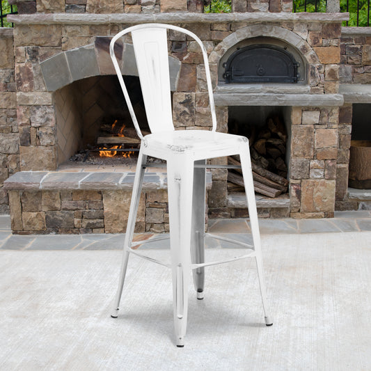 Cindy Commercial Grade 30" High Distressed White Metal Indoor-Outdoor Barstool with Back White