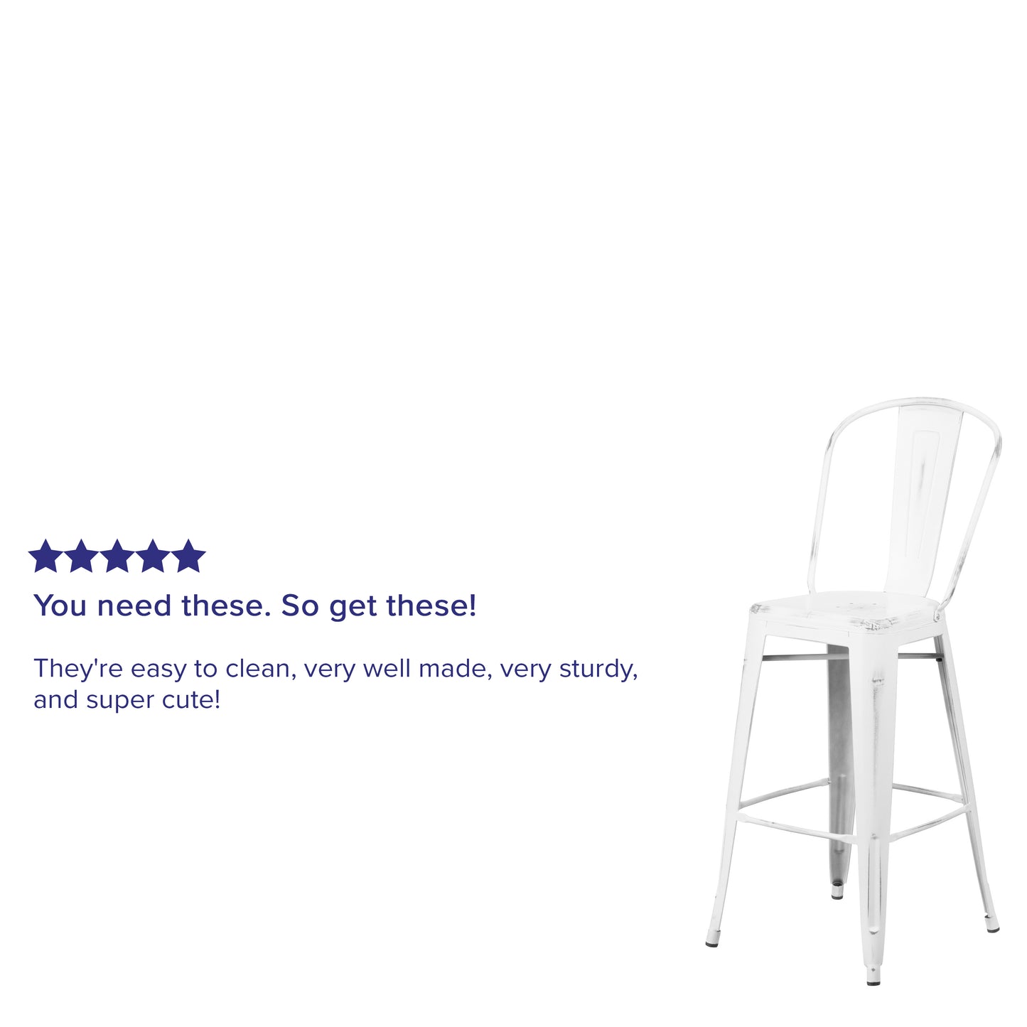 Cindy Commercial Grade 30" High Distressed White Metal Indoor-Outdoor Barstool with Back White