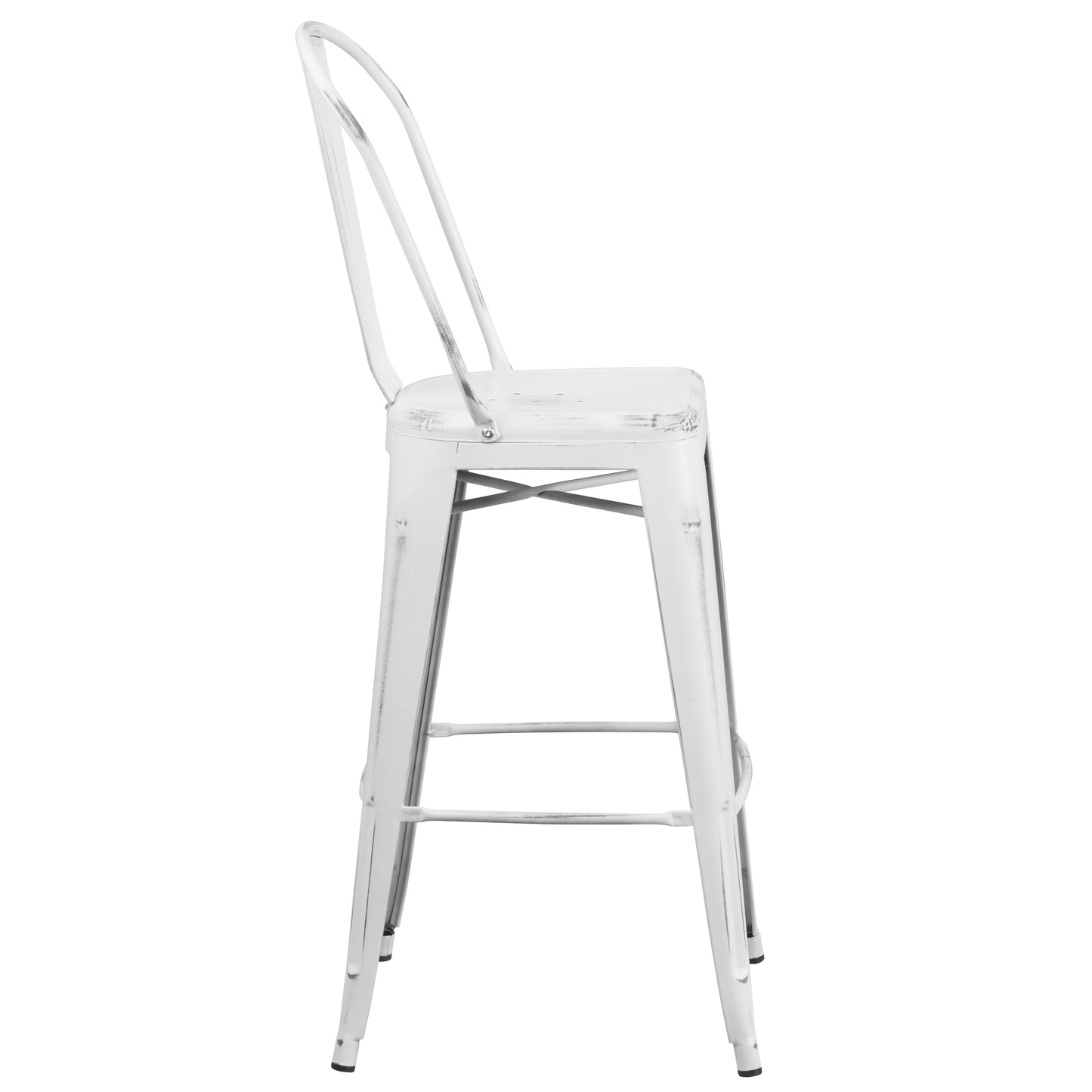 Cindy Commercial Grade 30" High Distressed White Metal Indoor-Outdoor Barstool with Back White
