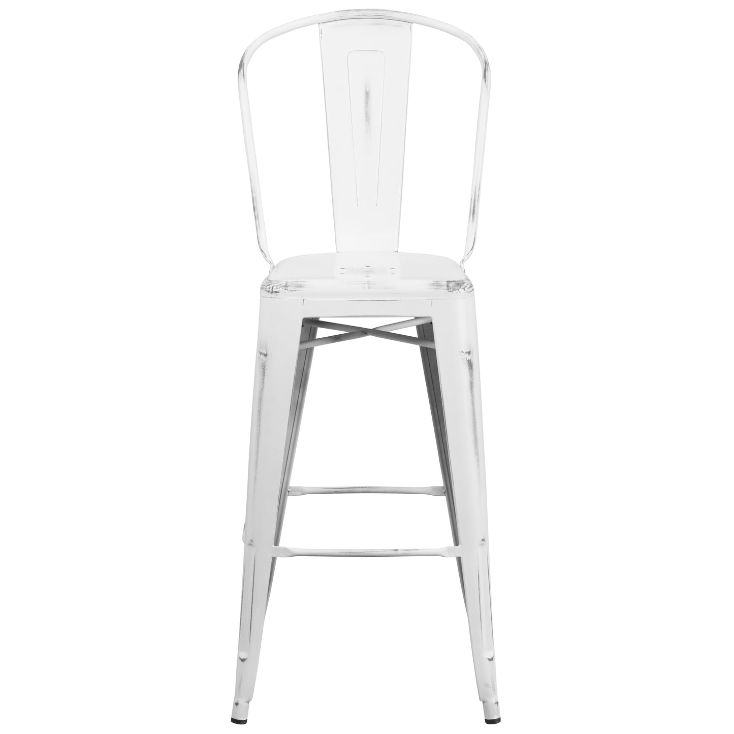 Cindy Commercial Grade 30" High Distressed White Metal Indoor-Outdoor Barstool with Back White