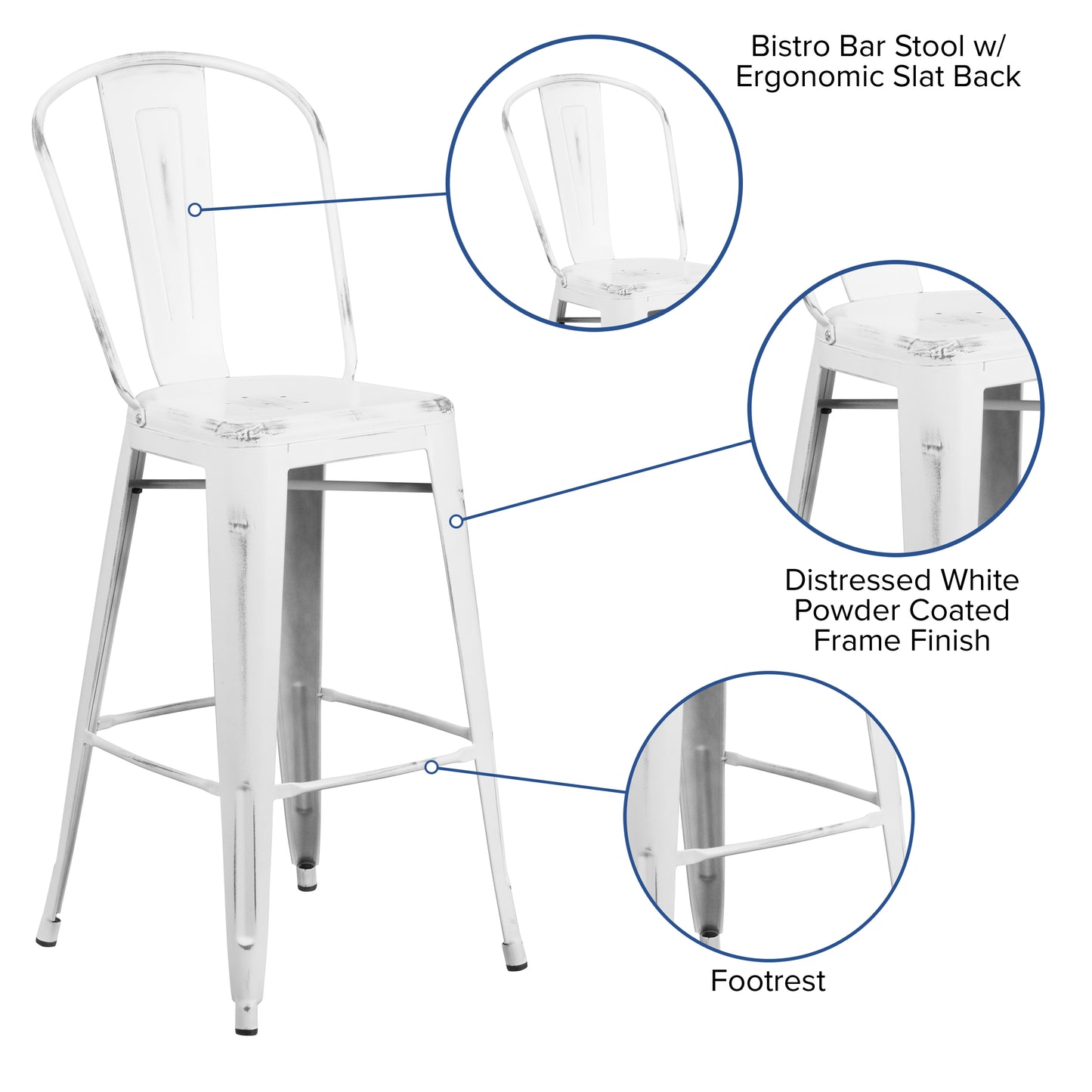 Cindy Commercial Grade 30" High Distressed White Metal Indoor-Outdoor Barstool with Back White